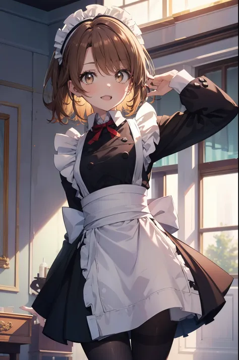 irohaisshiki, iroha isshiki, 腰まである長いhair, 茶hair, (brown eyes:1.5), open your mouth,smile,maid headドレス,skirtリフト, cloth, hair, ski...