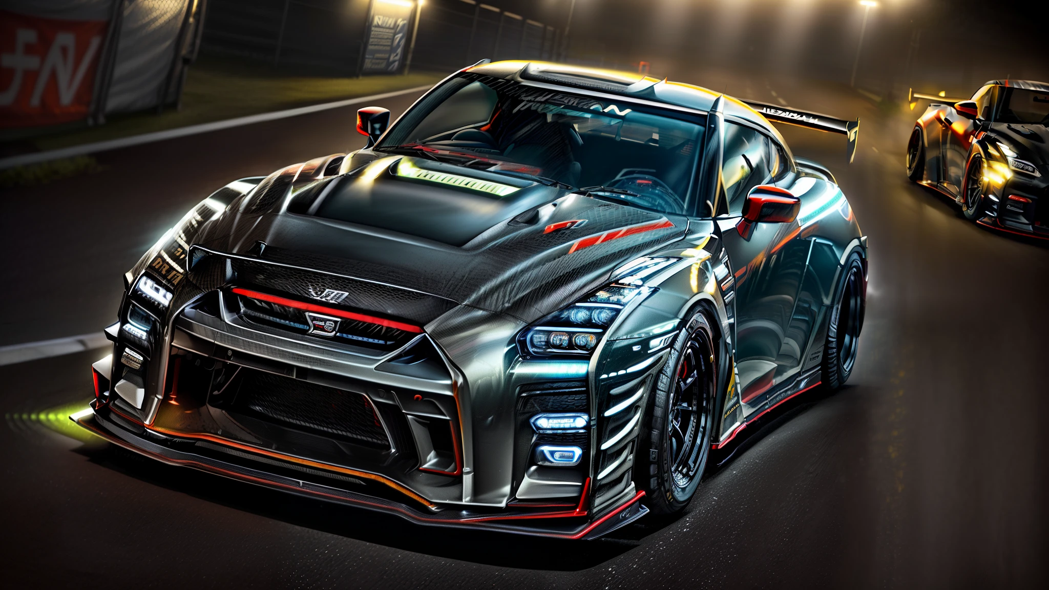 (((A photo realistic image of a Nissan GT-R Nismo))), ((wide shot)), sharp, detailed car body, detailed tires, (masterpiece, best quality, ultra-detailed, 8K), race car, street racing-inspired, Drifting inspired, LED, ((Twin headlights)), (((Bright neon color racing stripes))), (Black racing wheels), Wheel spin showing motion, Show car in motion, Burnout, wide body kit, modified car, racing livery, masterpiece, best quality, realistic, ultra high res, (((depth of field))), (full dual color neon lights:1.2), (hard dual color lighting:1.4), (detailed background), (masterpiece:1.2), (ultra detailed), (best quality), intricate, comprehensive cinematic, magical photography, (gradients), glossy, Fast action style, Sideways drifting in to a turns,