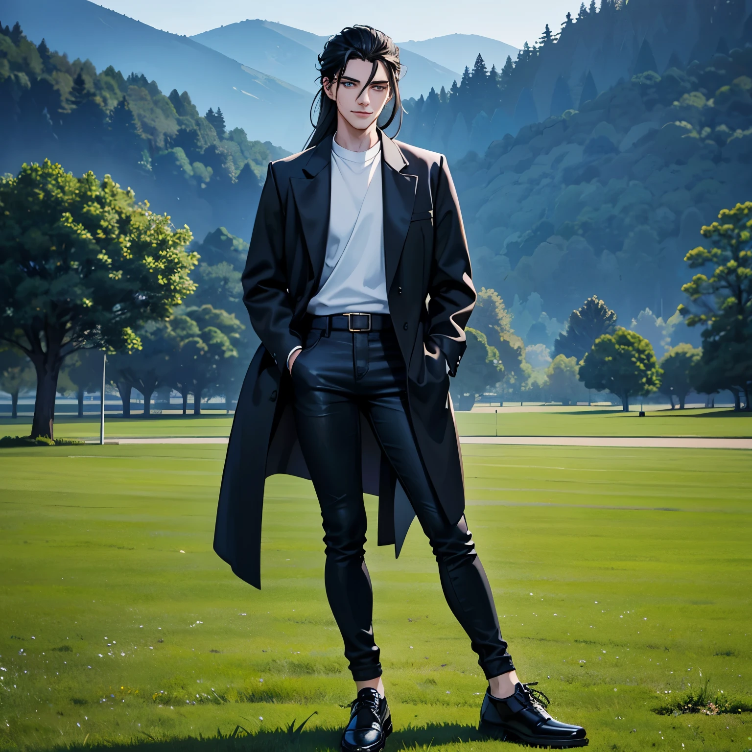 ((best quality)), ((masterpiece)), (detailed), perfect face, on an empty field of green grass at night time, looking behind, male, adult, 21 years old, 185 cm, Japanese, black hair, two block and middle part hairstyle, dark blue eyes, glowing eyes, left eye has a clock pattern with black clockwise, wear black jacket with white shirt, wear long black jeans, wear black shoes with white stripes, evil smile.