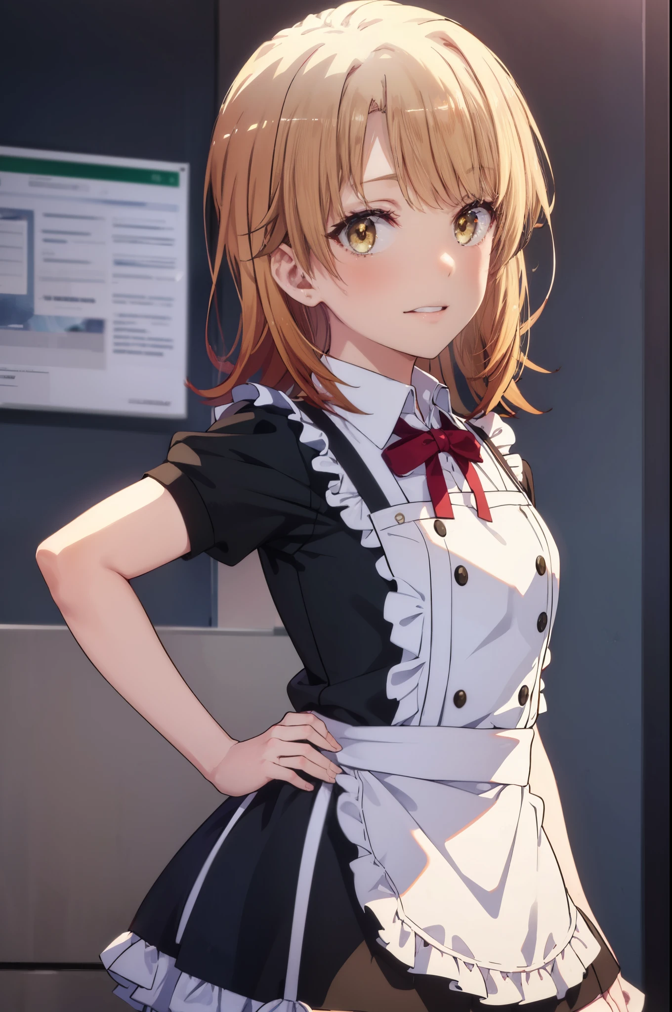 irohaisshiki, iroha isshiki, long hair, 茶hair, (brown eyes:1.5), smile,skirtリフト, maid headドレス,cloth, hair, skirt, maid,He is threatening with one hand on his hip..,
break indoors, dining,
break looking at viewer, (cowboy shot:1. 5)、break (masterpiece:1.2), highest quality, High resolution, unity 8k wallpaper, (shape:0.8), (fine and beautiful eyes:1.6), highly detailed face, perfect lighting, Very detailed CG, (perfect hands, perfect anatomy),