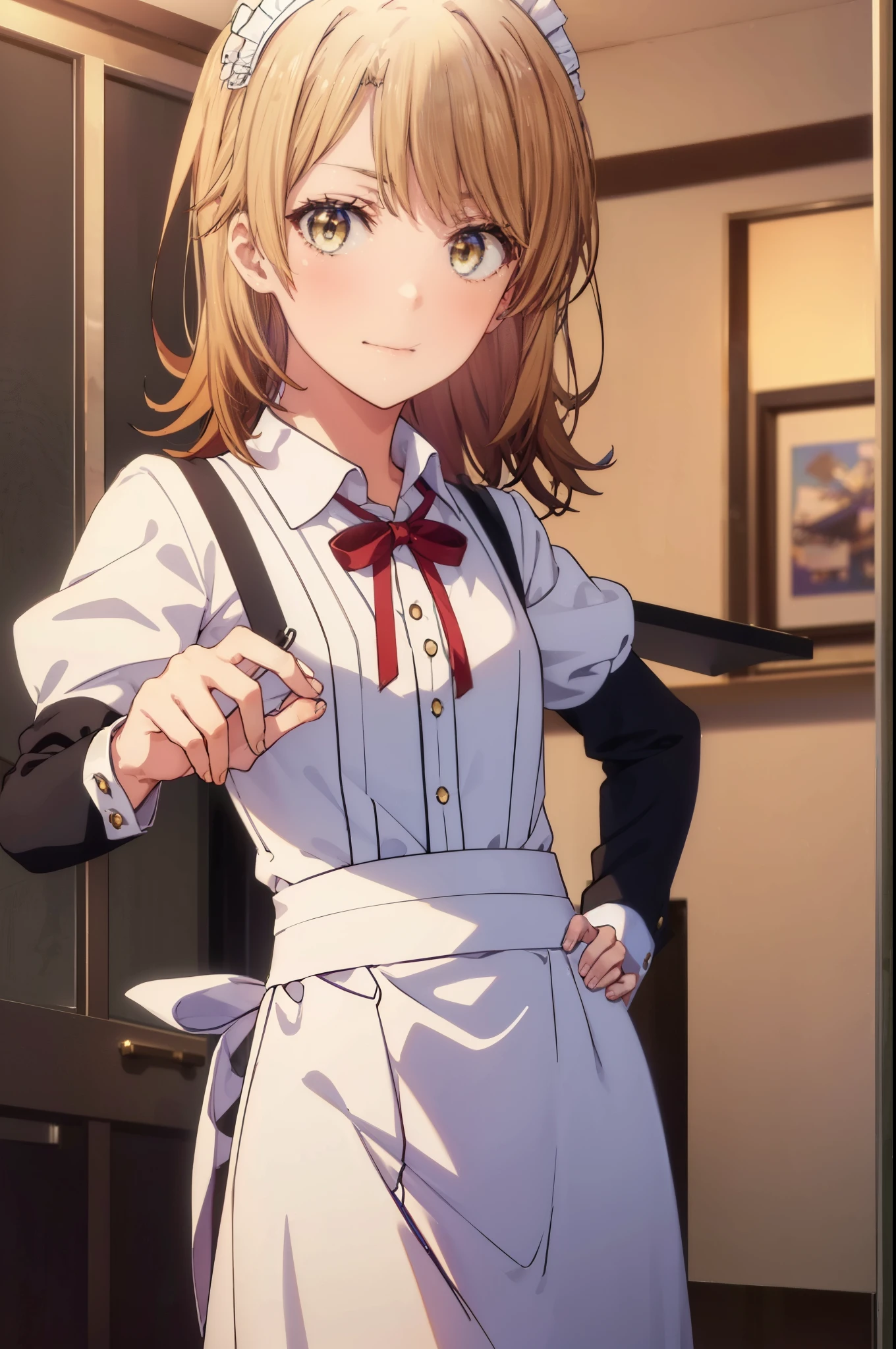 irohaisshiki, iroha isshiki, long hair, 茶hair, (brown eyes:1.5), smile,skirtリフト, maid headドレス,cloth, hair, skirt, maid,He is threatening with one hand on his hip..,
break indoors, dining,
break looking at viewer, (cowboy shot:1. 5)、break (masterpiece:1.2), highest quality, High resolution, unity 8k wallpaper, (shape:0.8), (fine and beautiful eyes:1.6), highly detailed face, perfect lighting, Very detailed CG, (perfect hands, perfect anatomy),