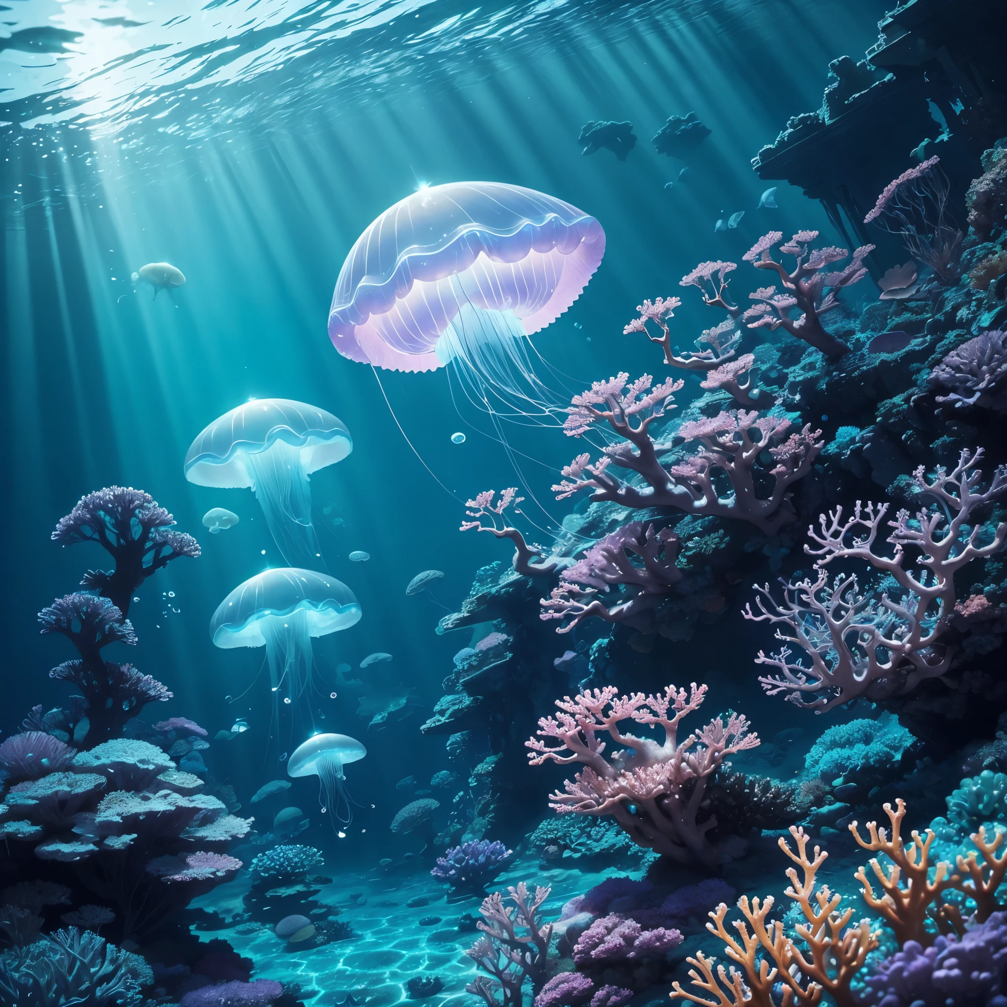 In a dreamy underwater world、A transparent and glowing jellyfish swims in the sky、A colorful coral reef spreads out。In the blue light of the deep sea、Mysterious ruins sleep secretly、Mysterious creatures live around it.。Light shining from the water surface illuminates the underwater world in a fantastical way.、Adventurers exploring this unknown world are floating with small bubbles.。