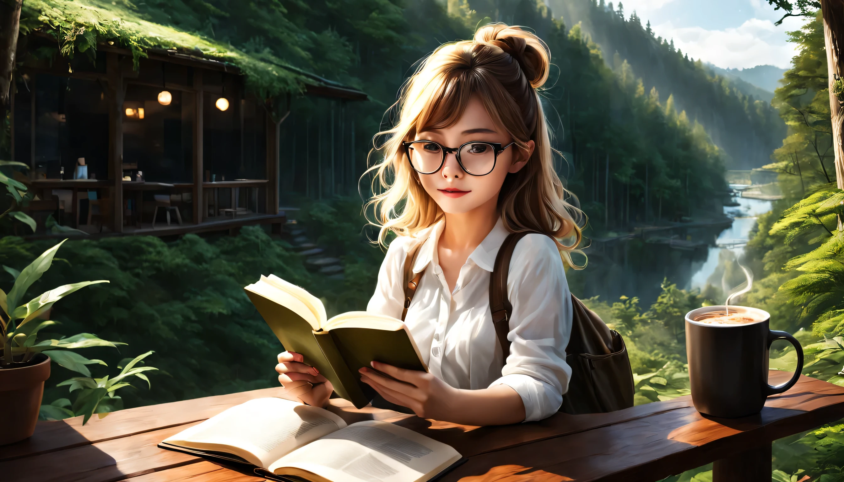 white cafe in the forest、terrace、coffee、Girl reading a book、Glasses