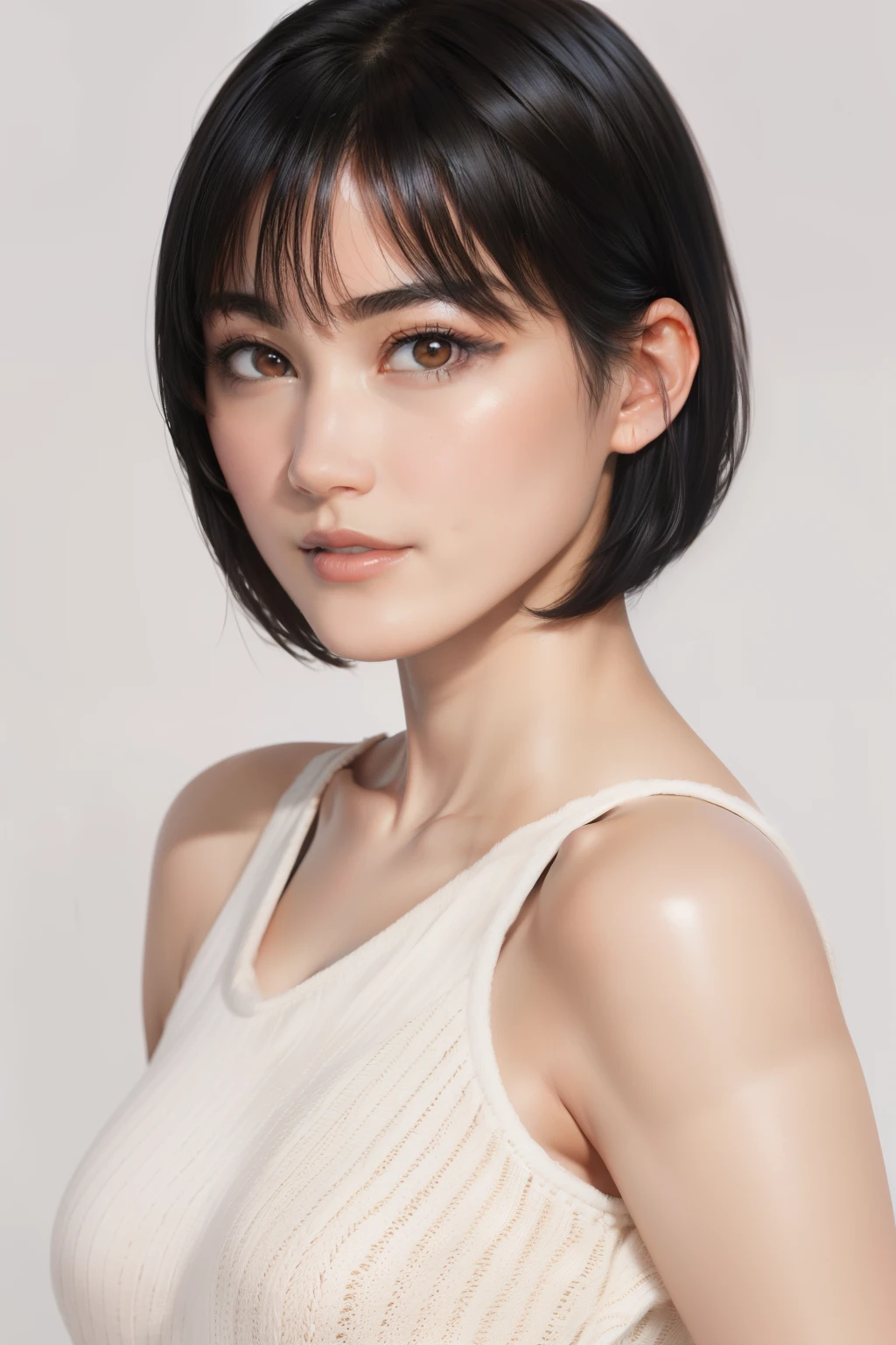 ((masterpiece, highest quality, High resolution)), one girl, (realistic: 1.4), alone, white background, ((From above, a little above, look up at the viewer, staring at the camera)), closed your mouth, Smile, (pretty black hair,very short hair:1.5), Big eyes, Clear double eyelids, eyelash, stick out your ears, (draw all heads), 19 years old, attractive proportions, shiny skin, beautiful clavicle, face with golden proportions, perfect face, bangs, lip gloss, thin lips, Fair skin