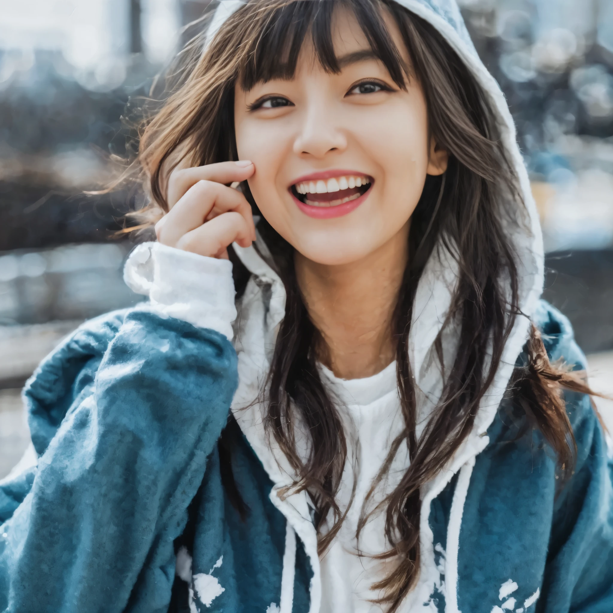 1 woman,25 years old,masterpiece,highest quality,super detailed,born,Japanese,eyeliner,laughter,Wind,Slow motion,oversized hoodie,blur the background