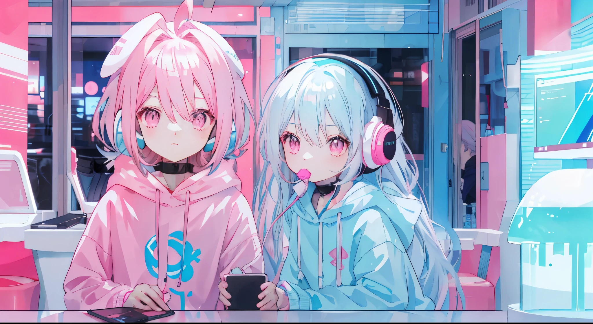 light blue long hair,Pink and white sweatshirt,pink eyes,black headphones,Lollipop in mouth
