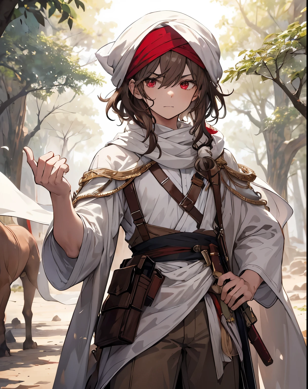 masterpiece, 1men, sparrow, a brown haired men, wearing a arabian medieval villager clothes, curly medium hair, messy hair, slim body, wearing adventurer clothes, he close her left eye, shirt ornament, angry expression, red eyes, stand at forest, he wearing white arabian turban