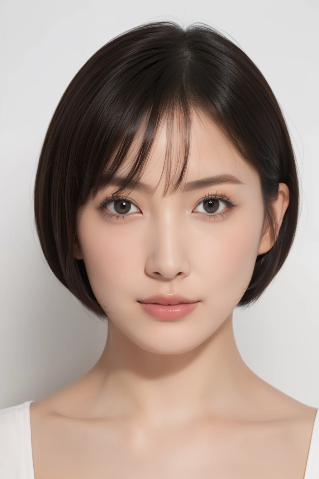 ((masterpiece, highest quality, High resolution)), one girl, (realistic: 1.4), alone, white background, ((From above, a little above, look up at the viewer, staring at the camera)), closed your mouth, Smile, (pretty black hair,very short hair:1.5), Big eyes, Clear double eyelids, eyelash, stick out your ears, (draw all heads), 19 years old, attractive proportions, shiny skin, beautiful clavicle, face with golden proportions, perfect face, bangs, lip gloss, thin lips, Fair skin