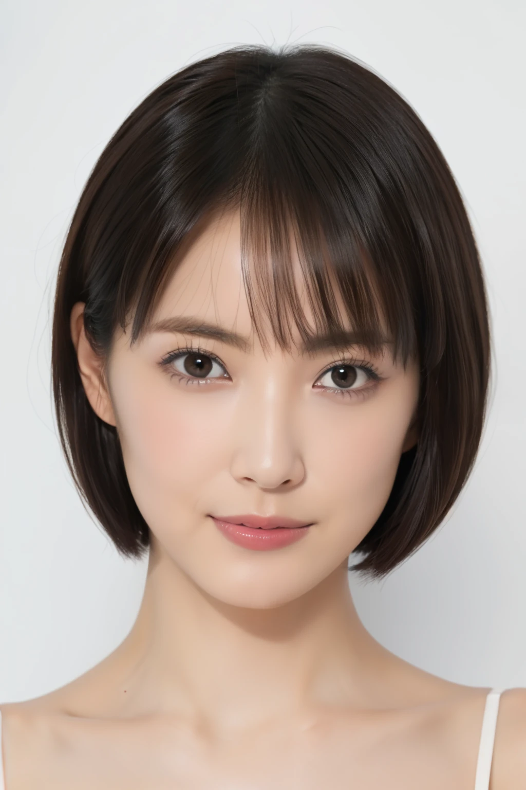 ((masterpiece, highest quality, High resolution)), one girl, (realistic: 1.4), alone, white background, ((From above, a little above, look up at the viewer, staring at the camera)), closed your mouth, Smile, (pretty black hair,very short hair:1.5), Big eyes, Clear double eyelids, eyelash, stick out your ears, (draw all heads), 19 years old, attractive proportions, shiny skin, beautiful clavicle, face with golden proportions, perfect face, bangs, lip gloss, thin lips, Fair skin