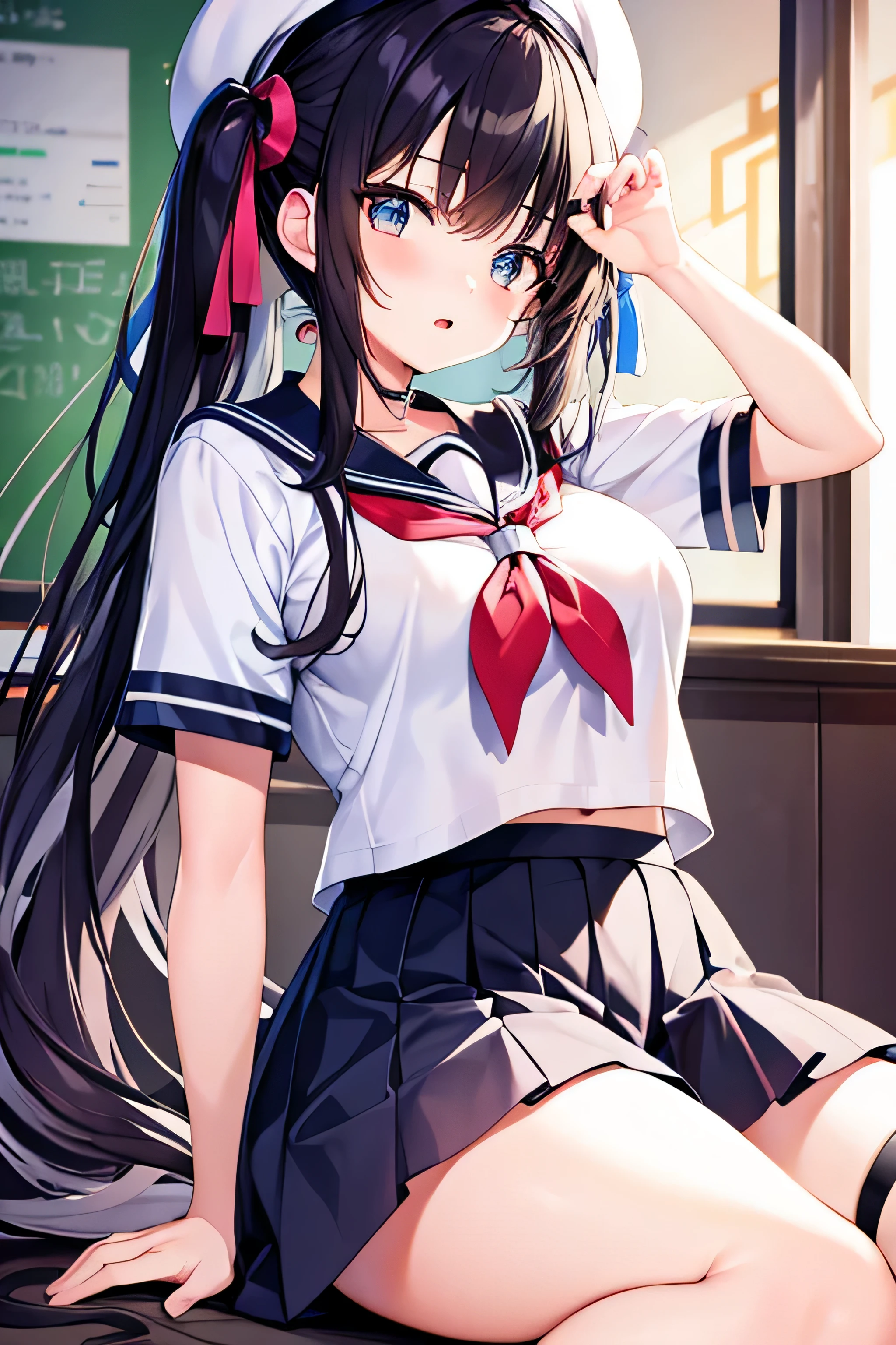 masterpiece、Highest image quality、ultra high resolution、teen girl with big tits、twin tail hairstyle、black hair、red face、mock、Open your mouth just a little、Short sleeve sailor school girl uniform、 for teenage schoolgirls、Thigh high socks for teenage high school girls、white beret for teenage 、inside the classroom