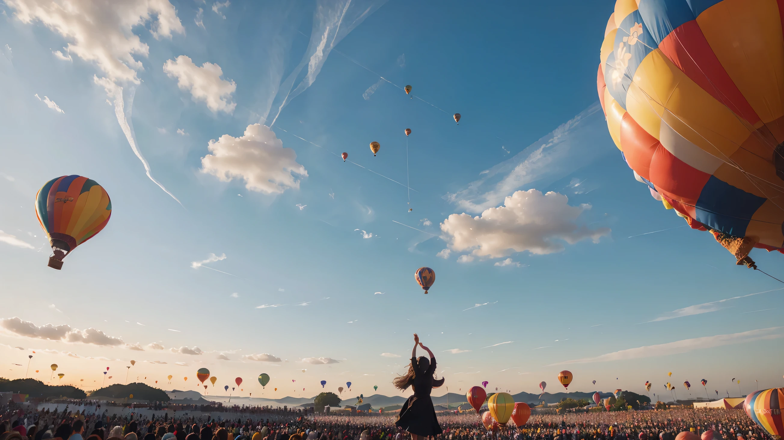 A symphony of balloons dancing gracefully in the sky, orchestrated by the wind to create a harmonious display of color and motion. Ideal for festival posters or whimsical artwork."
Keywords: Symphony, Balloons, Sky, Dancing, Graceful, Harmonious, Festival, Whimsical