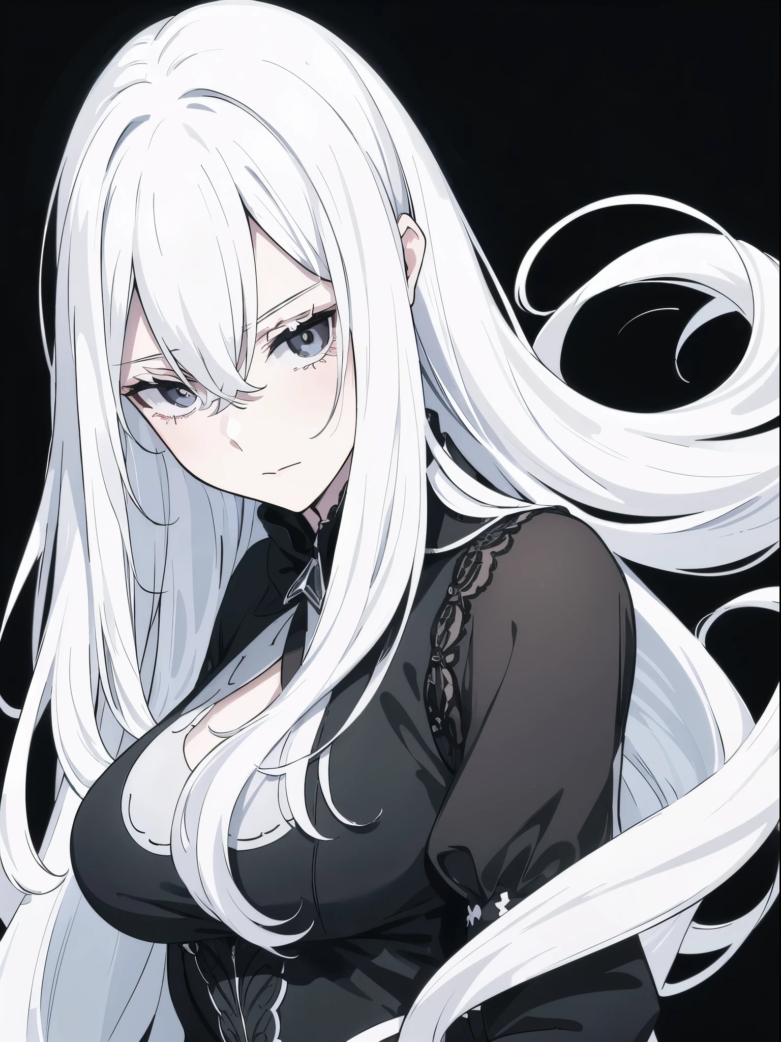 ((White hair)),((Head and Shoulders Image)),Sexy,A person,Alone,Simple style,pancake ,Simple details,Black background,Empty background,Black background wall,(20 year old woman),(Droopy hair),(White Gloves),(Evening Gown),(Lace Shirt),Lace,(confidence)