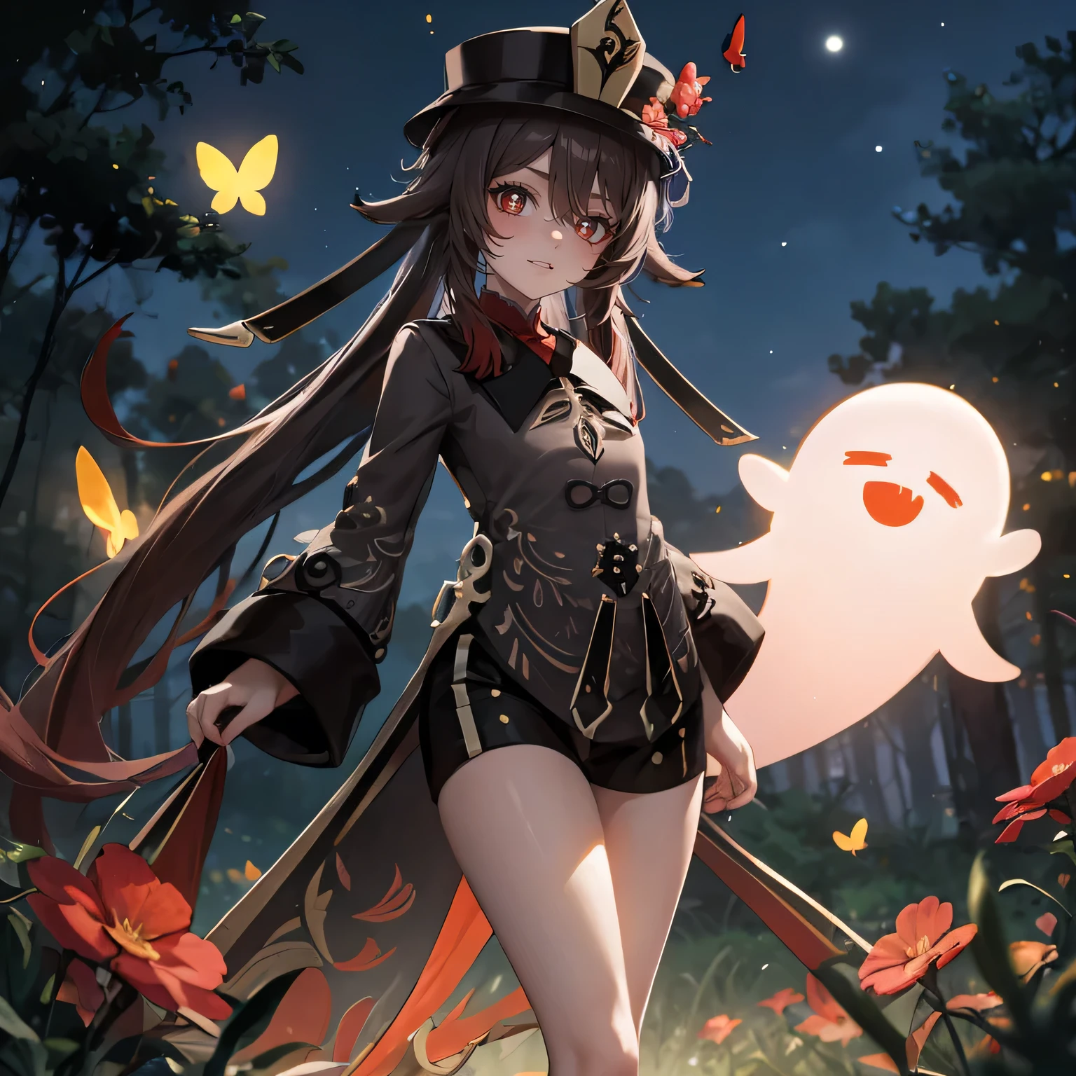 Hu tao against the backdrop of the night forest , Little Ghost, Butterflies fly,hat with red flowers, legs, sky with moon