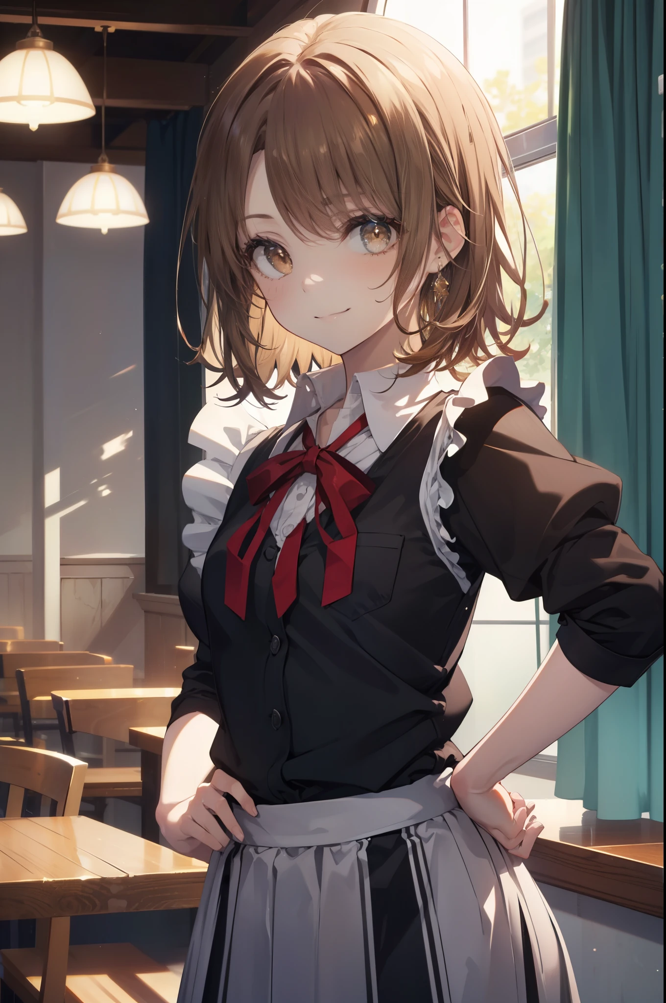 irohaisshiki, iroha isshiki, 長いhair, 薄い茶hair, (brown eyes:1.5), smile,skirtリフト, maid headドレス,cloth, hair, skirt,  maid,He is threatening with one hand on his hip..,
break indoors, dining,
break looking at viewer, (cowboy shot:1. 5)、break (masterpiece:1.2), highest quality, High resolution, unity 8k wallpaper, (shape:0.8), (fine and beautiful eyes:1.6), highly detailed face, perfect lighting, Very detailed CG, (perfect hands, perfect anatomy),