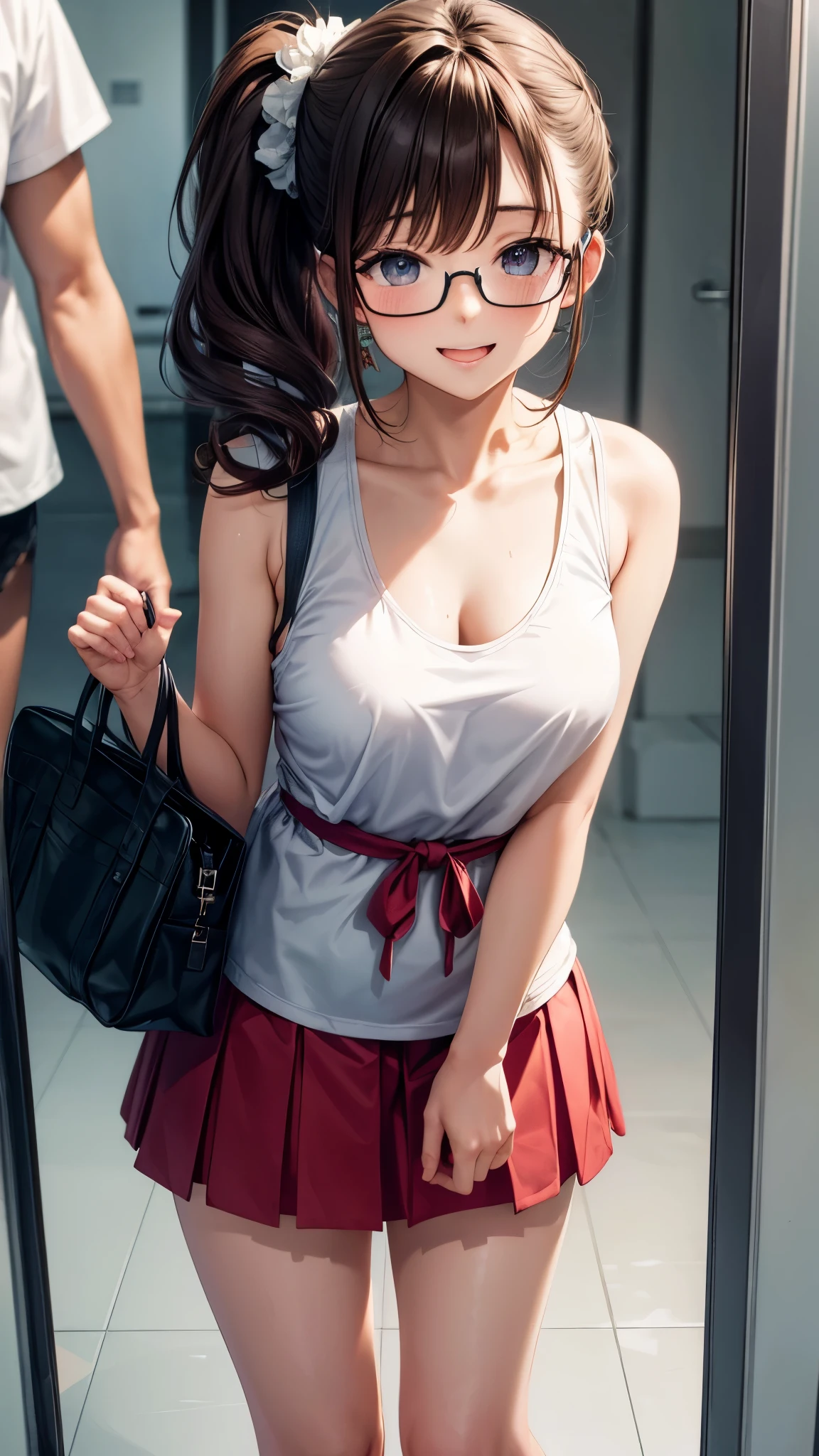 1 female,12 years old,brown hair,beautiful low ponytail hairstyle, (miniskirt and large white tank top, (double breasted,under bust:1), natural smile,,frameless eyeglasses,(slouch)