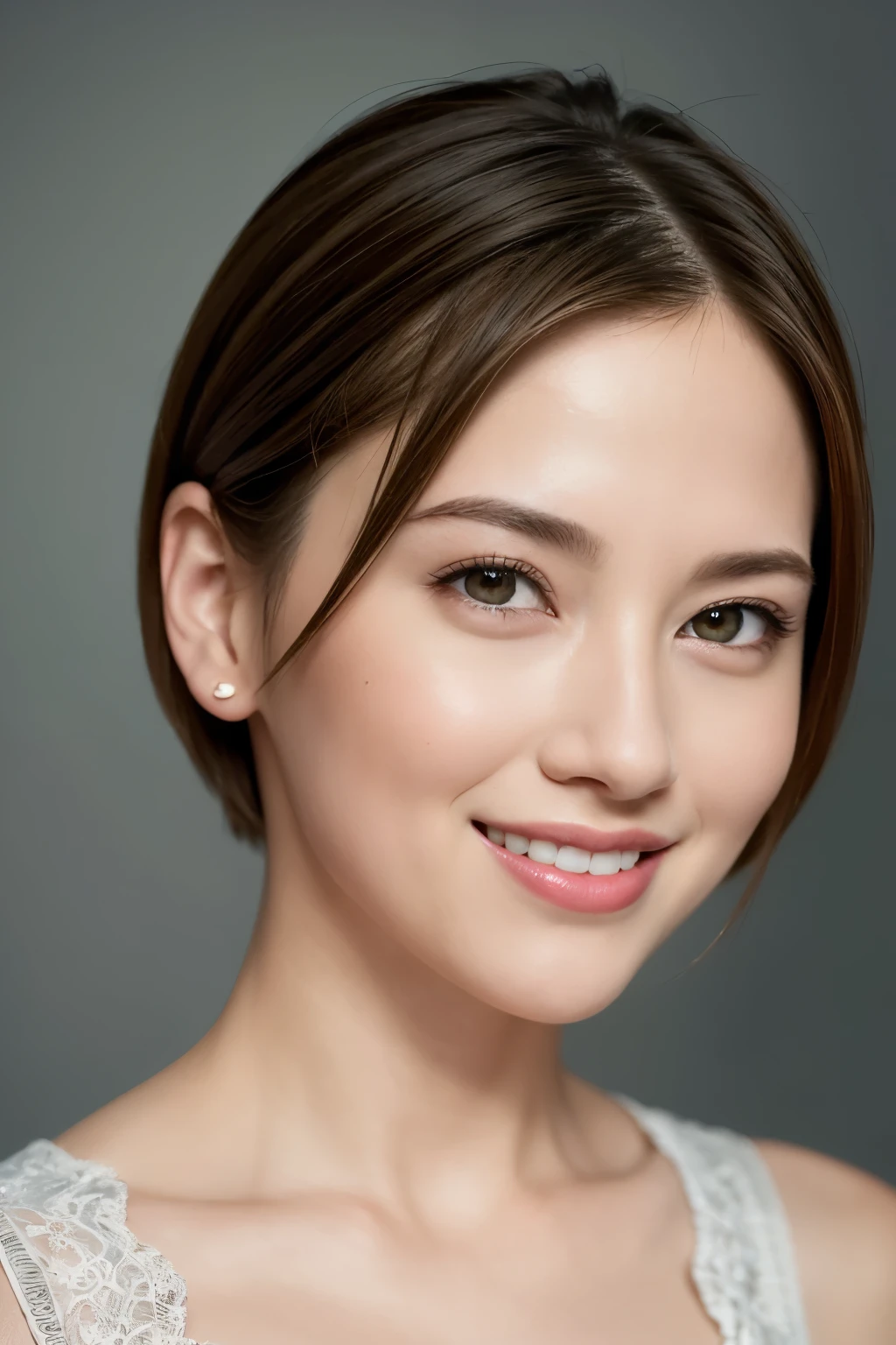 (8K, highest quality, masterpiece:1.2), (realistic, realistic:1.3), Super detailed, ((1 girl)), cute, alone, (smile), (closed mouth), big, beautiful and fine eyes, (short hair: 1.2), bob hair, (Upper body), front, very delicate and beautiful, wonderful, small details, masterpiece, Super detailed, High resolution, best shadows, blue tops, see who&#39;s watching