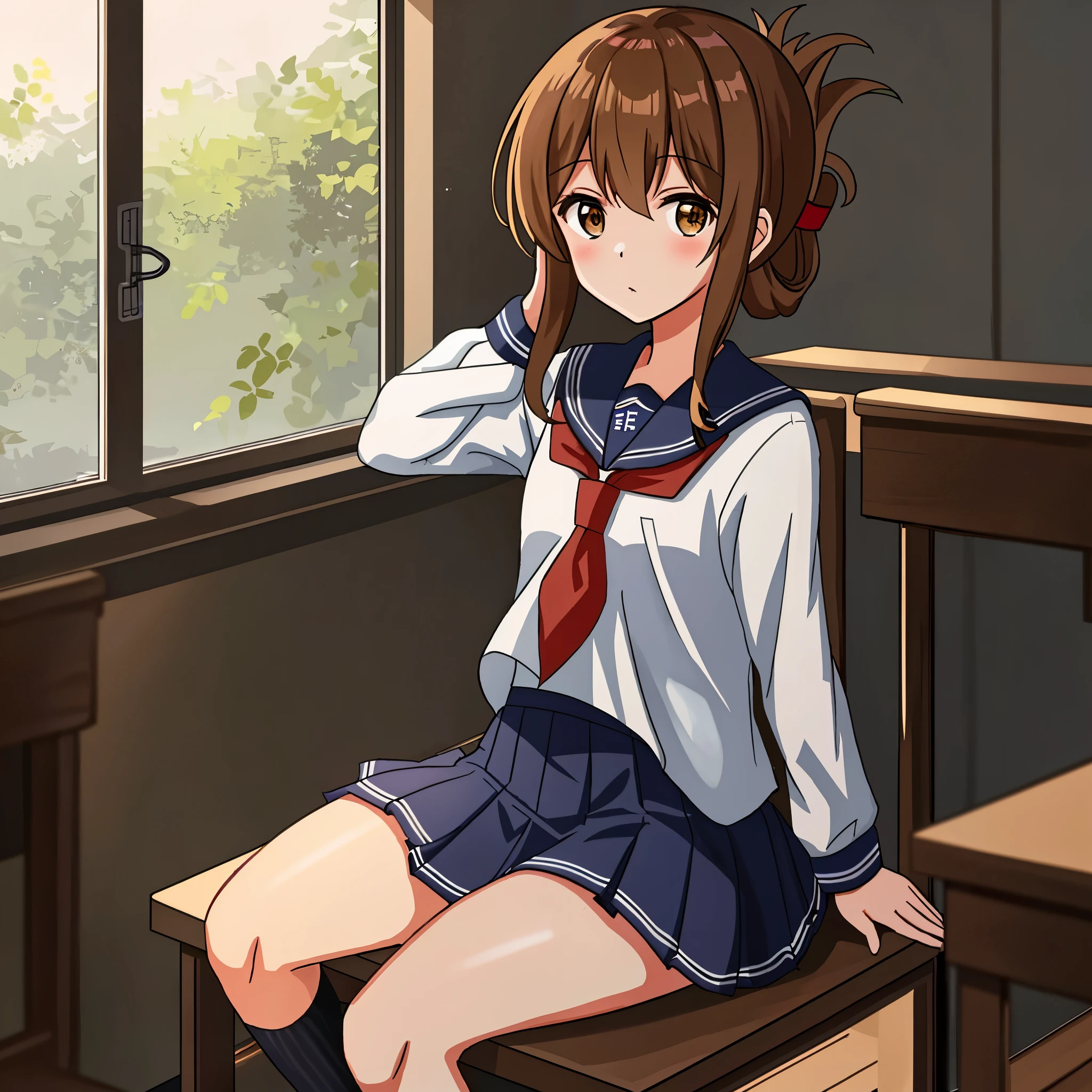 (masterpiece, best quality:1.2),illustration,8k,hd,1girl,solo,upper body,(portrait:1.2),brown_hair,folded_ponytail,brown_eyes,serafuku,long_hair,school_uniform,skirt,pleated_skirt,学校の体育館で体調不良で膝を抱えて授業見学している