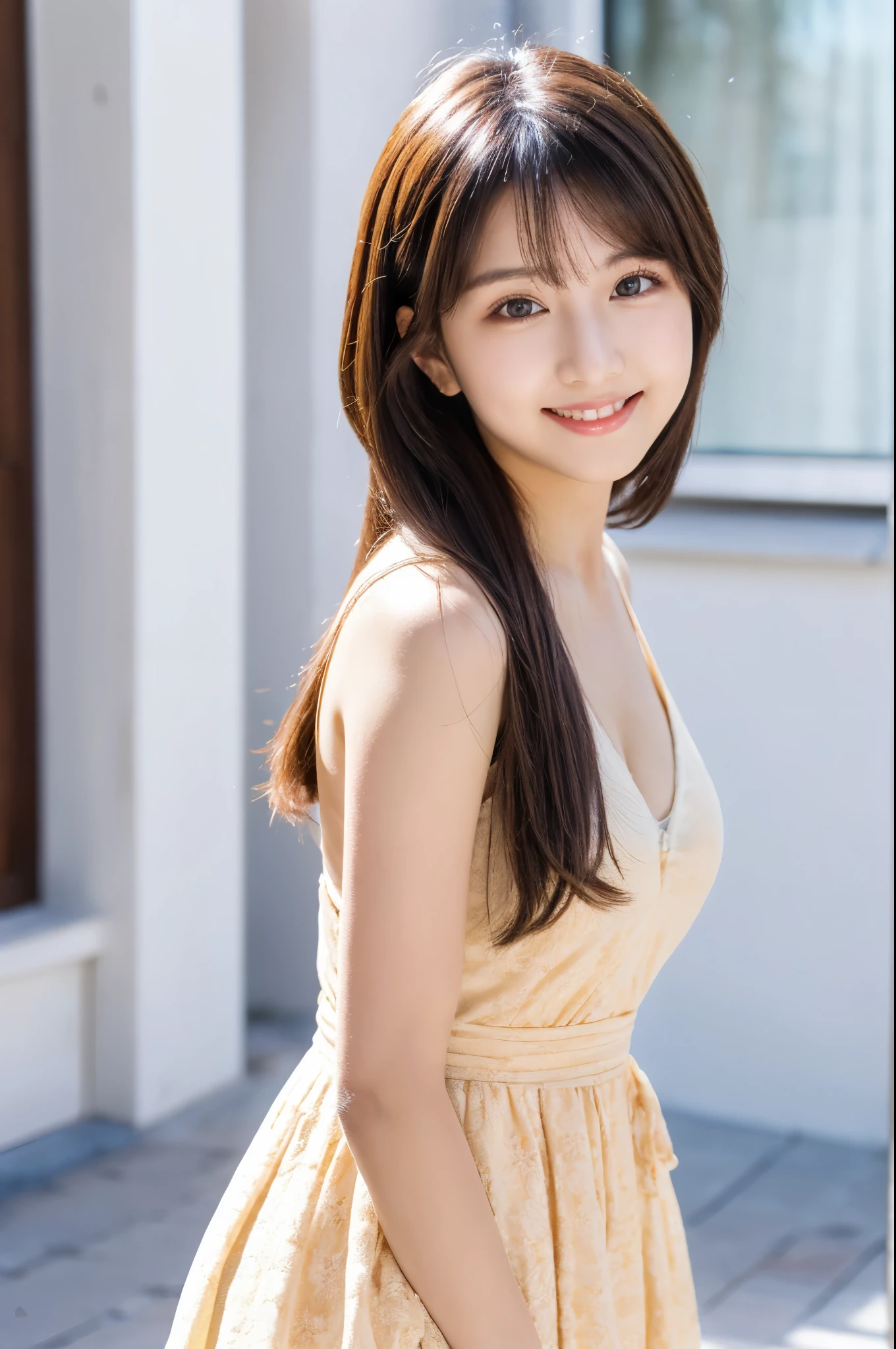 ulzzang-6500-v1.1, (RAW photo:1.2), (Photoreal), beautiful detailed girl, (See-through:1.3), (genuine: 1.4), very detailed目と顔, beautiful and detailed eyes, elegant long dress、(very kind smile:1.2)、huge file size, High resolution, very detailed, highest quality, [masterpiece:1.6], enlightenment, very detailed, nffsw, finely, highest quality, 8k wallpaper, movie lighting, 1 girl, 17 years old, perfect body shape, cute droopy eyes、beautiful big eyes、 ((muste piece)), highest quality, 1 girl, eye shadow, Upper body, portrait, ((full body shot:1.5))、