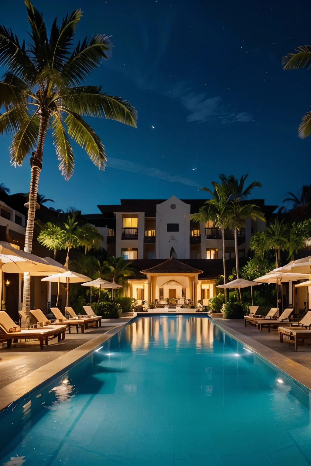 5Star luxury resort hotel, with gold details, I can see the sea, pool, marble, Palm tree, night, light up