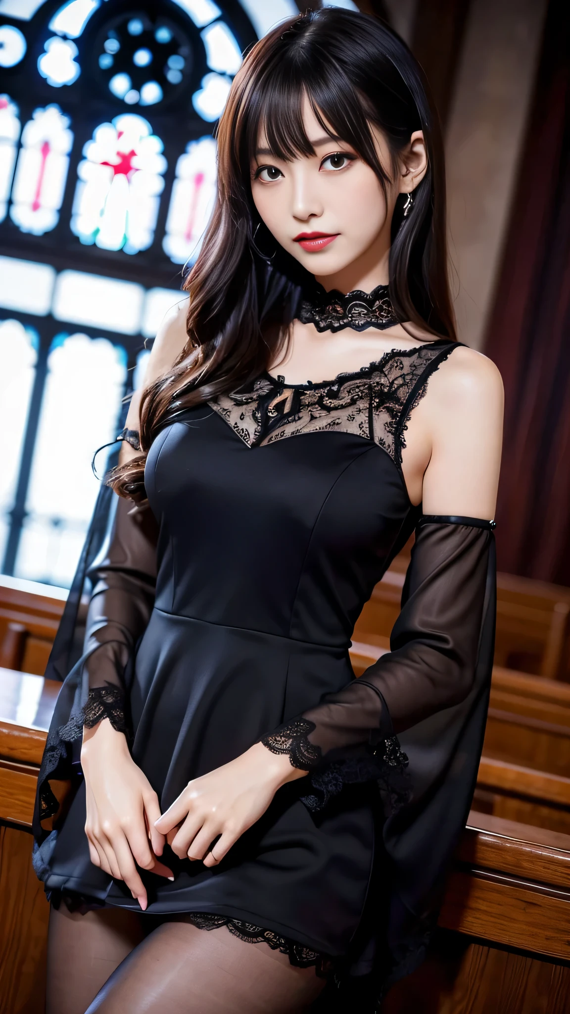 Super detailed、Japanese、charming beauty、seductive adult woman、Beautiful woman、sharp eyes、cool girl、wavy hair、suit、Black chiffon、lace fabric、wide sleeve、wearing a lace insert dress、white blouse、Tight Skirt、flesh colored pantyhose、Lustrous legs、evilの幹部、evil depravity、brainwashing、Mind control、lipstick、grin、evilな表情、evil、empty eyes、evil、church at night、reach out your hand