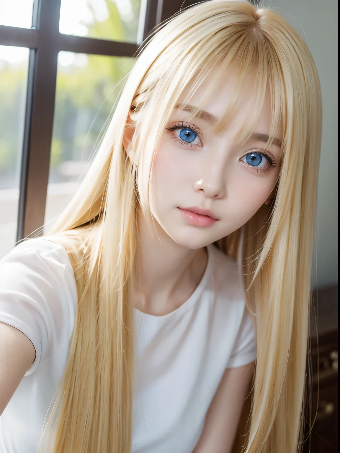 Sexy big 、Extraordinary beauty、18 year old cute sexy little beautiful face、Pale golden bright hair flutters in front of cute face、Very beautiful super long straight silky hair、long silky bangs covering the eyes、Bright, Big, Beautiful pale blue eyes、Sexy cute young woman with bright shiny long blonde hair、bright expression、Pure white beautiful skin、Oil-based teak、Small face beauty、Facial Gloss、Round face