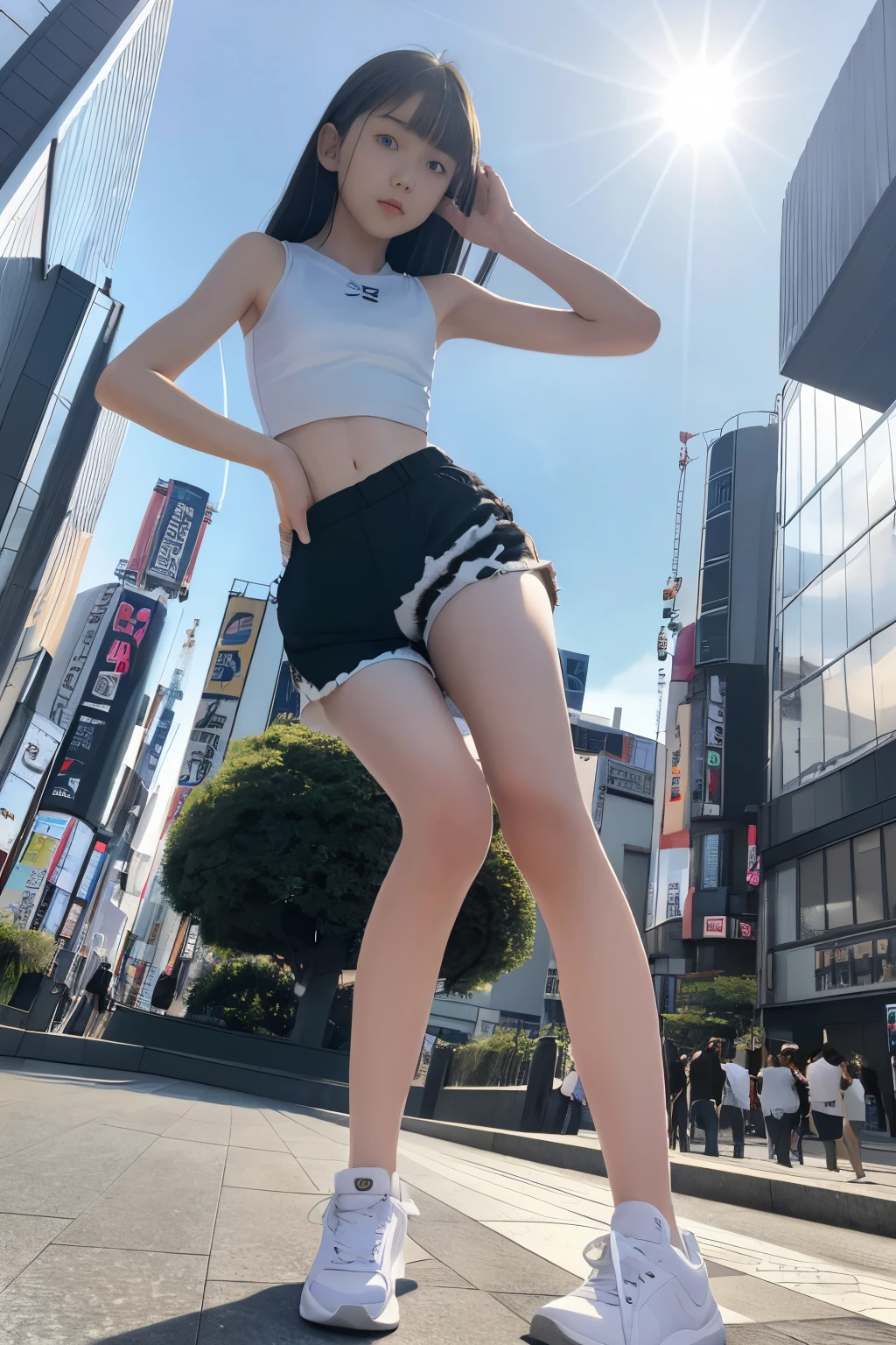 masterpiece, best quality, hyperrealistic, cinematic photo, 12 year old girl, Pale skin, Japanese amazing slim body, ((Tight white tanktop, white sport shorts, white sneakers)), long black straight hair, perfect slender legs, wide hips, perfect hands, beautiful face, perfect face, youthful, (blured background), modern style, from below, (low-angle shoot), low_angle_human, towering, (full body shot), standing, underneath shot, (view viewer), looking at viewer,(8k, epic composition, photorealistic, sharp focus), detailed background, ((Outside in Shibuya)), DSLR, foil grain, sun rays