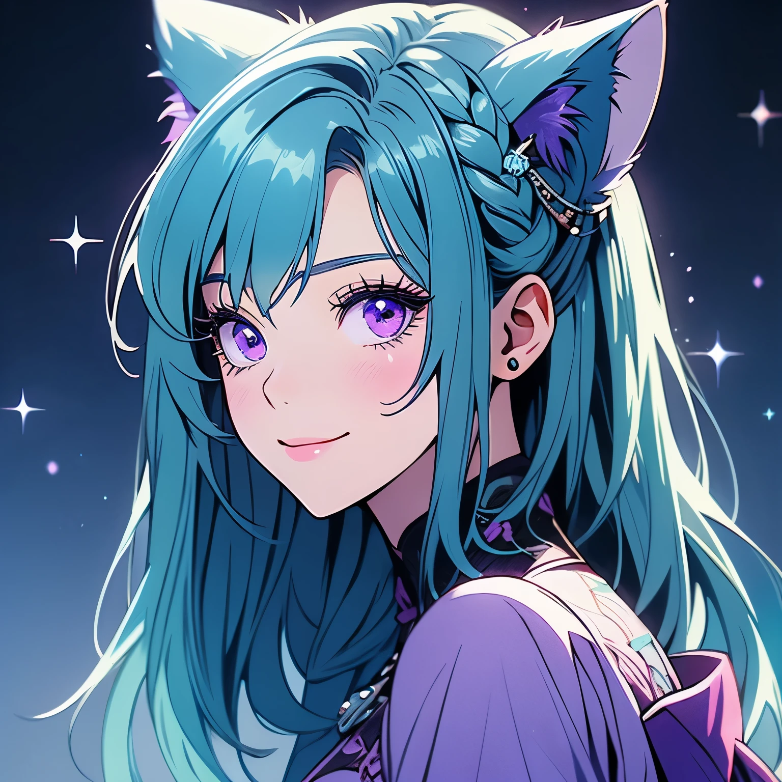 Cute girl, short cyan blue hair, side braid, purple eyes, sparkly purple eyes, long eyelashes, purple Chinese ****ta dress, cyan blue hair, bangs, cyan blue cat ears, sweet smile