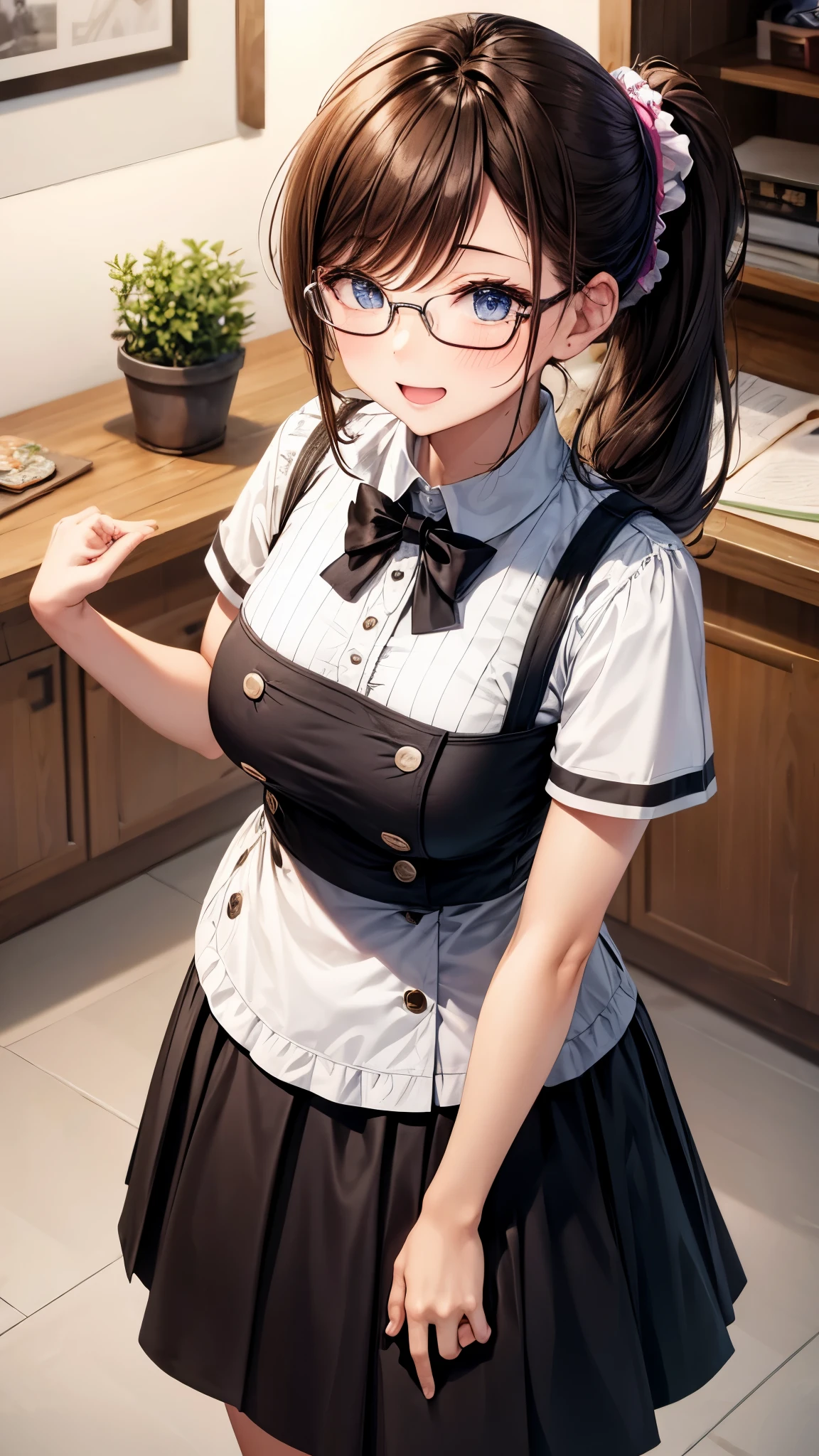 1 female,,brown hair,beautiful low ponytail hairstyle, (miniskirt and large white shirt, (double breasted,under bust:1.2), short sleeve, natural smile,,frameless eyeglasses,(slouch)