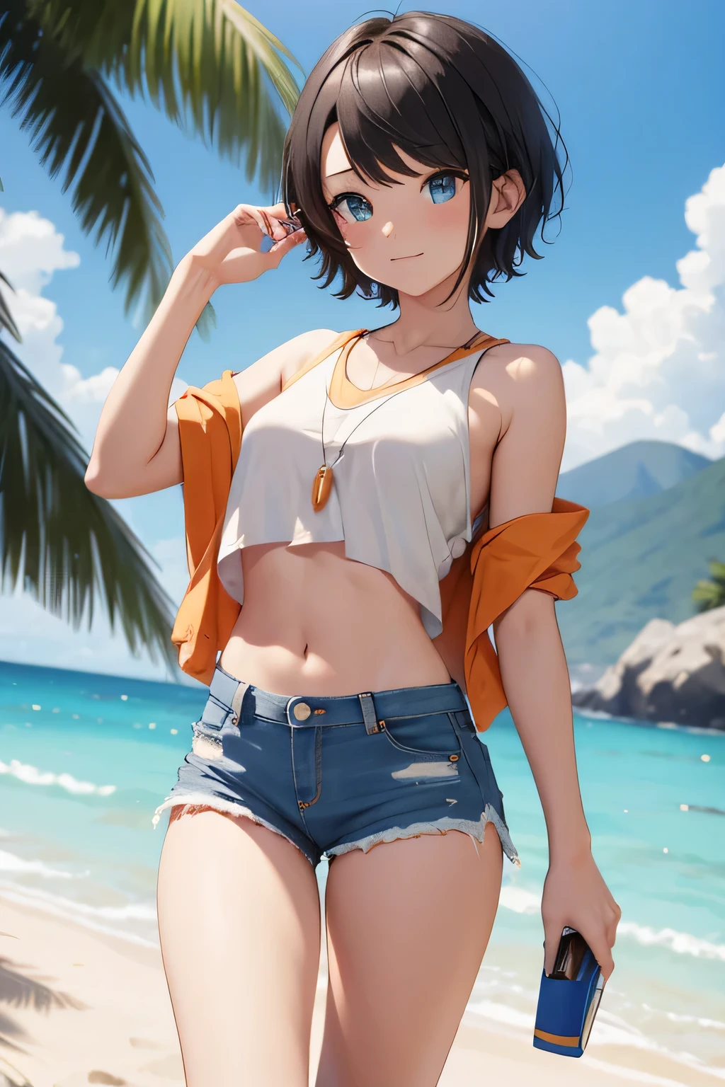 masterpiece、vast landscape（（mysterious sea、sandy beach））、pretty girl、Ho****ve Ozora Subaru、black short hair、white tank top、Navel exposure、denim shorts、flip flops、