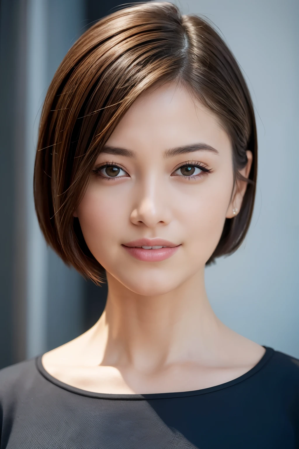 (8K, highest quality, masterpiece:1.2), (realistic, realistic:1.3), Super detailed, ((1 girl)), cute, alone, (smile), (closed mouth), big, beautiful and fine eyes, (short hair: 1.2), bob hair, (Upper body), front, very delicate and beautiful, wonderful, small details, masterpiece, Super detailed, High resolution, best shadows, blue tops, see who&#39;s watching