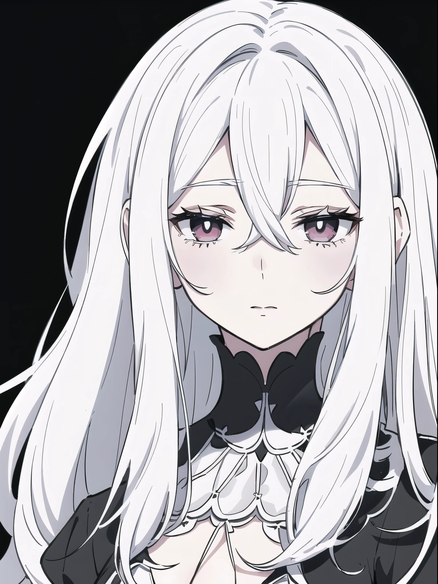 ((White hair)),((Head and Shoulders Image)),Sexy,A person,Alone,Simple style,pancake ,Simple details,Black background,Empty background,Black background wall,(20 year old woman),(Droopy hair),(White Gloves),(Evening Gown),(Lace Shirt),Lace,(confidence)