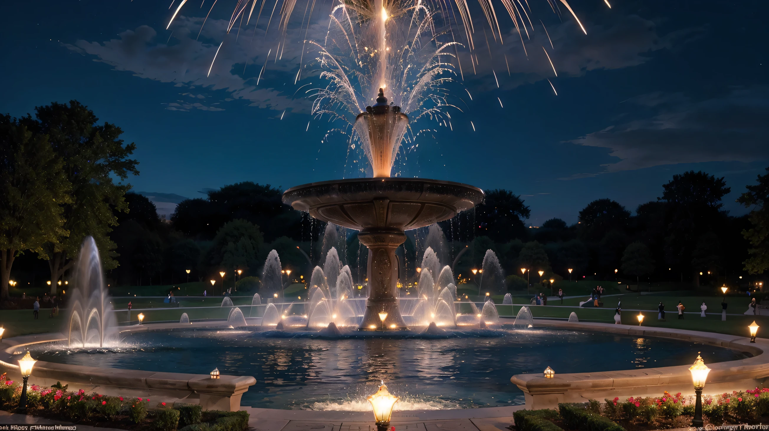 A captivating fountain cascading with water in the shape of hearts, creating a mesmerizing spectacle that enchants all who behold its beauty. Great for park landscapes or romantic settings