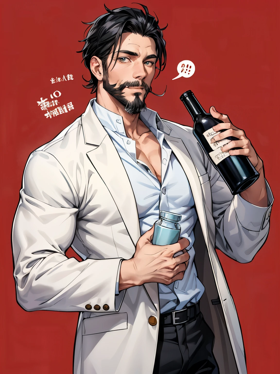 {male},{1 boy},{solo},{solid color background:white},Goatee,beard,40 years old,中年male性,black hair,doctor,Take the bottle