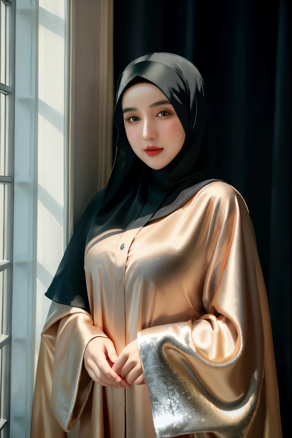 RAW photo of a 24 year old girl wearing hijab, satin abaya, satin, hijab face portrait, neutral background, 8k uhd, dslr, soft lighting, high quality, film grain, Fujifilm XT3, covered dress, decent dress