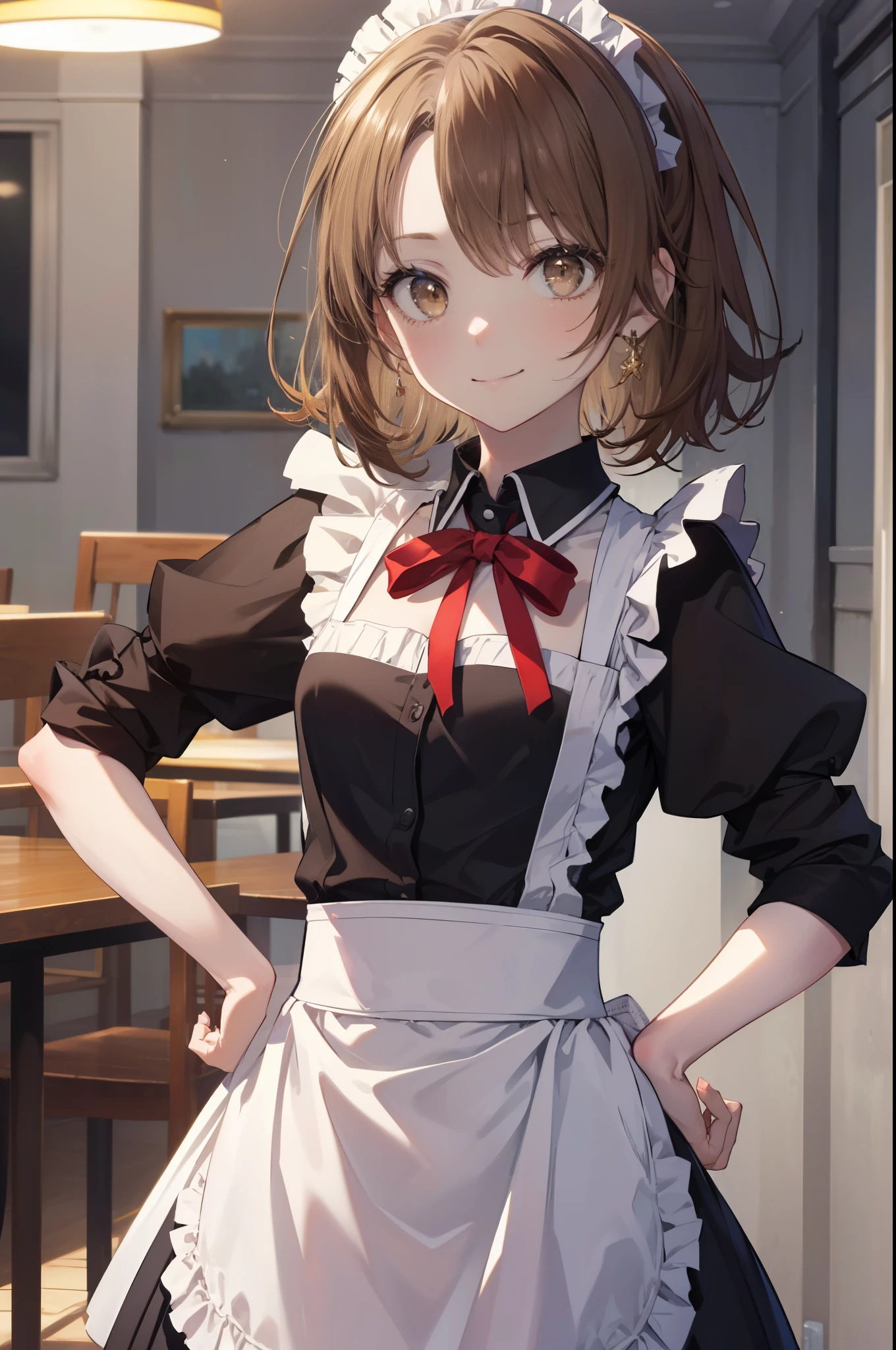 irohaisshiki, iroha isshiki, 長いhair,low ponytail, 薄い茶hair, (brown eyes:1.5), smile,skirtリフト, maid headドレス,cloth, hair, skirt,  maid,He is threatening with one hand on his hip..,
break indoors, apartment dining,
break looking at viewer, (cowboy shot:1. 5)、break (masterpiece:1.2), highest quality, High resolution, unity 8k wallpaper, (shape:0.8), (fine and beautiful eyes:1.6), highly detailed face, perfect lighting, Very detailed CG, (perfect hands, perfect anatomy),