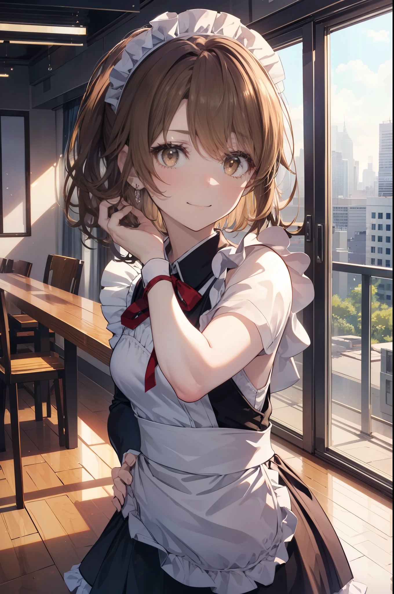 irohaisshiki, iroha isshiki, 長いhair,low ponytail, 薄い茶hair, (brown eyes:1.5), smile,skirtリフト, maid headドレス,cloth, hair, skirt, maid,He is threatening with one hand on his hip..,
break indoors, apartment dining,
break looking at viewer, (cowboy shot:1. 5)、break (masterpiece:1.2), highest quality, High resolution, unity 8k wallpaper, (shape:0.8), (fine and beautiful eyes:1.6), highly detailed face, perfect lighting, Very detailed CG, (perfect hands, perfect anatomy),