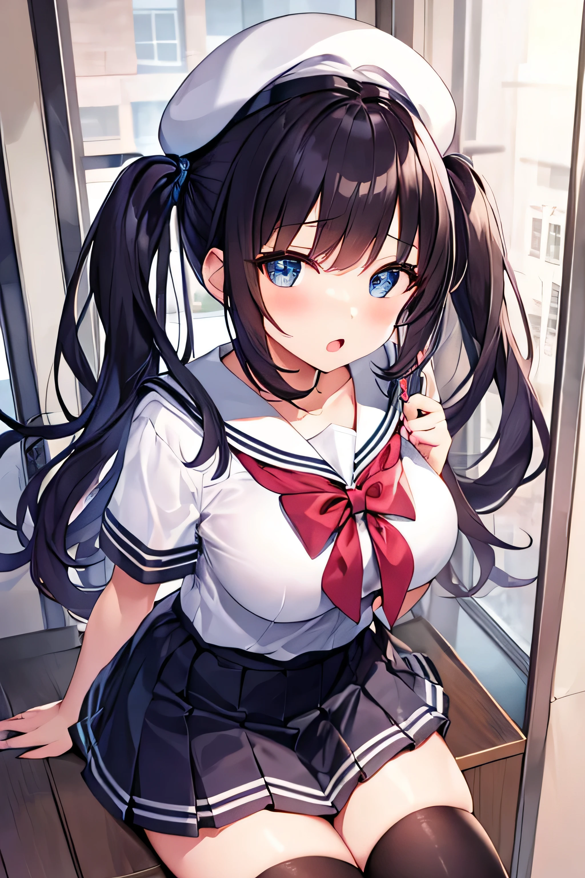 masterpiece、Highest image quality、ultra high resolution、teen girl with big tits、twin tail hairstyle、black hair、red face、mock、Open your mouth just a little、Short sleeve sailor school girl uniform、 for teenage schoolgirls、Knee high socks for teenage schoolgirls、white beret for teenage 、inside the classroom