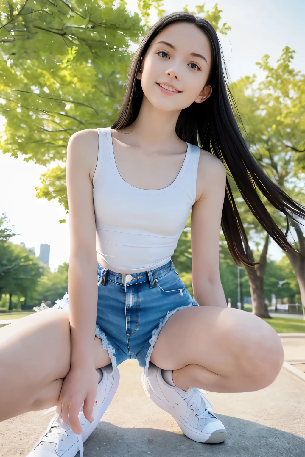 masterpiece, best quality, hyperrealistic, cinematic photo,  girl, Pale skin, Japanese amazing slim body, ((Tight white tanktop, tight denim shorts, white sneakers)), long black straight hair, perfect legs, wide hips, perfect hands, beautiful face, perfect face, youthful, smile, (blured background), modern style, from below, (low-angle shoot), low_angle_human, towering, (full body shot), crouching, underneath shot, (view viewer), looking at viewer,(8k, epic composition, photorealistic, sharp focus), detailed background, ((Outside in a Park)), DSLR, foil grain,