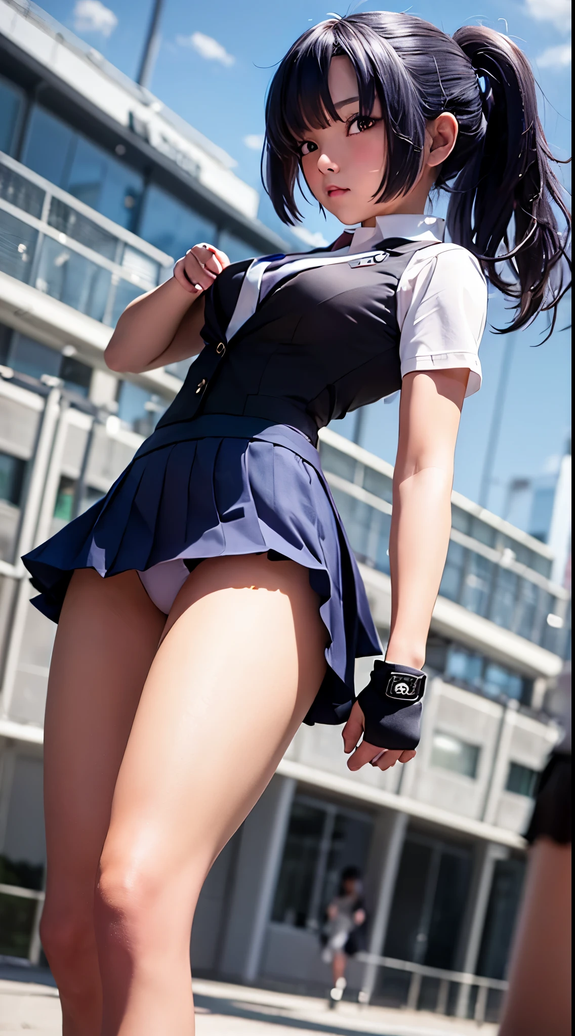 Girl with uniform scholl,perfect body,perfect hand,with pony tail hair,arm on head,Highly resolution,HD