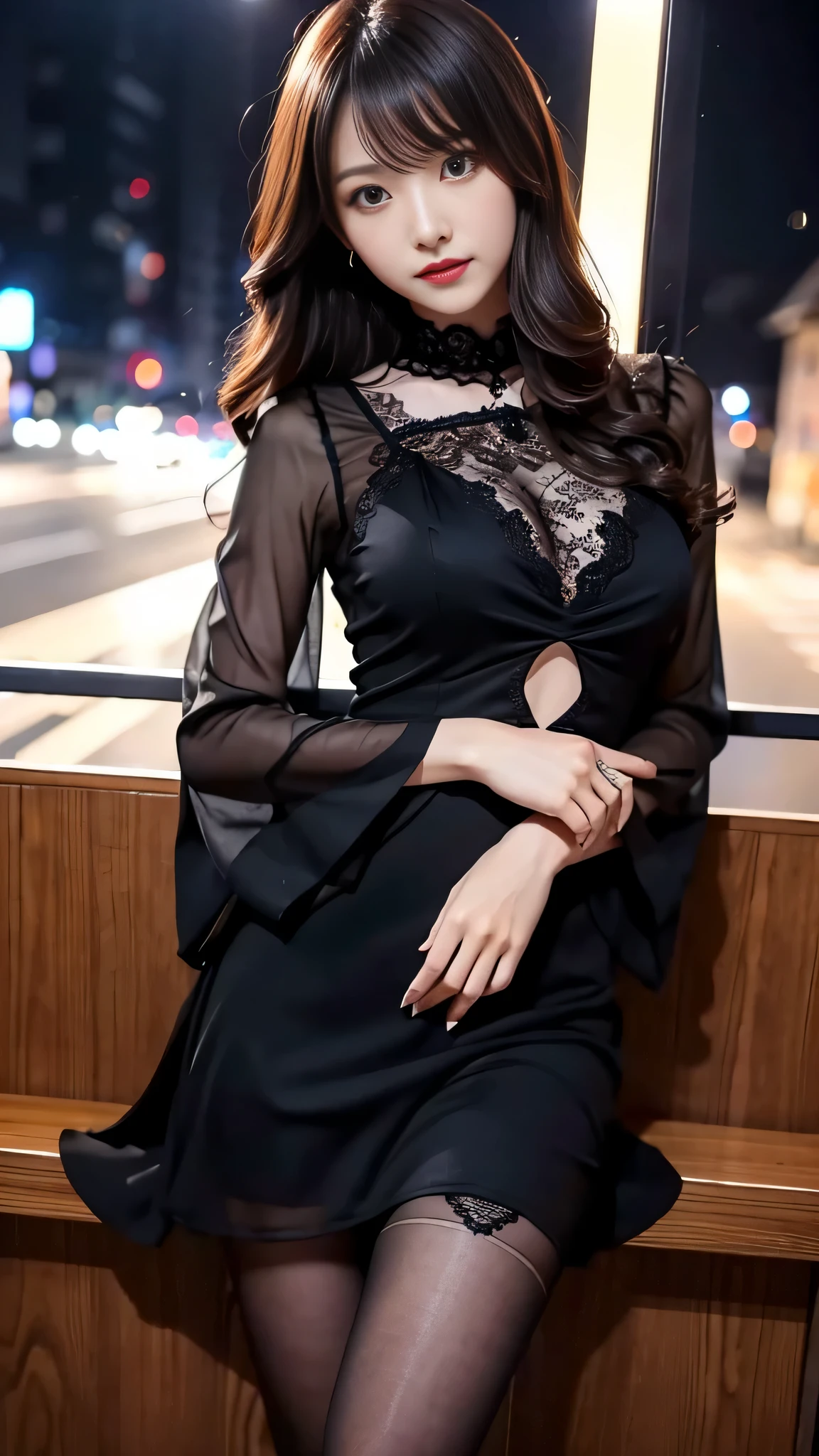 Super detailed、Japanese、charming beauty、seductive adult woman、Beautiful woman、sharp eyes、cool girl、wavy hair、suit、Black chiffon、lace fabric、wide sleeve、wearing a lace insert dress、white blouse、Tight Skirt、flesh colored pantyhose、Lustrous legs、evilの幹部、evil depravity、brainwashing、Mind control、lipstick、grin、evilな表情、evil、empty eyes、evil、church at night、reach out your hand