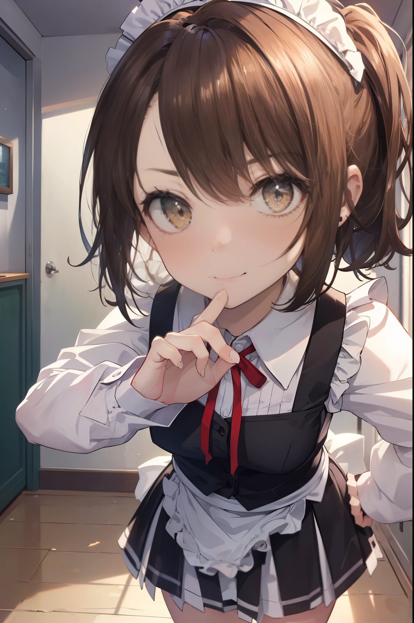 irohaisshiki, iroha isshiki, 長いhair,low ponytail, 薄い茶hair, (brown eyes:1.5), open your mouth,smile,skirtリフト, maid headドレス,cloth, hair, skirt,  maid,He is threatening with one hand on his hip..,
break indoors, apartment living,
break looking at viewer, (cowboy shot:1. 5)、break (masterpiece:1.2), highest quality, High resolution, unity 8k wallpaper, (shape:0.8), (fine and beautiful eyes:1.6), highly detailed face, perfect lighting, Very detailed CG, (perfect hands, perfect anatomy),