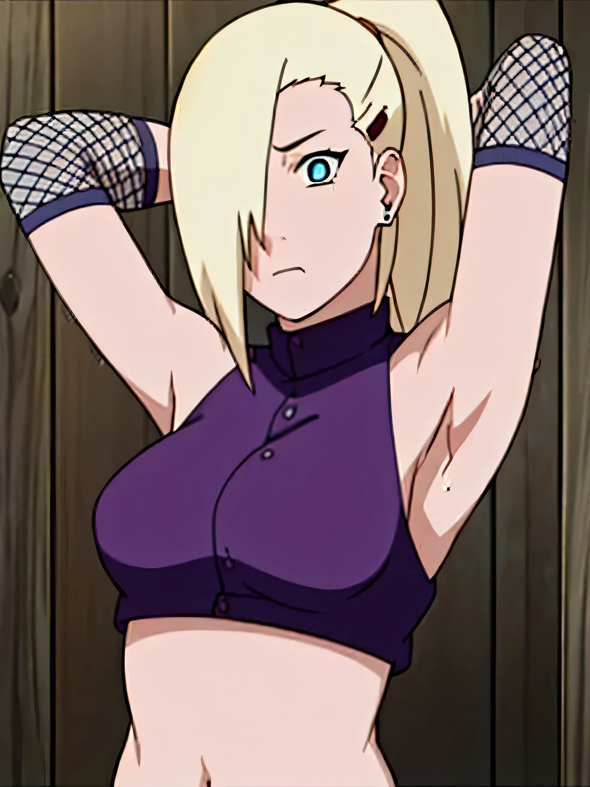 ino yamanaka, ino shippuden, armpits, showing armpits, arms behind head, posing, hair over one eye, high ponytail, blue eyes, masterpiece, solo, 1girl, sleeveless, purple crop top, fishnets, bare shoulders, upper body, looking_at_viewer, both armpits visible