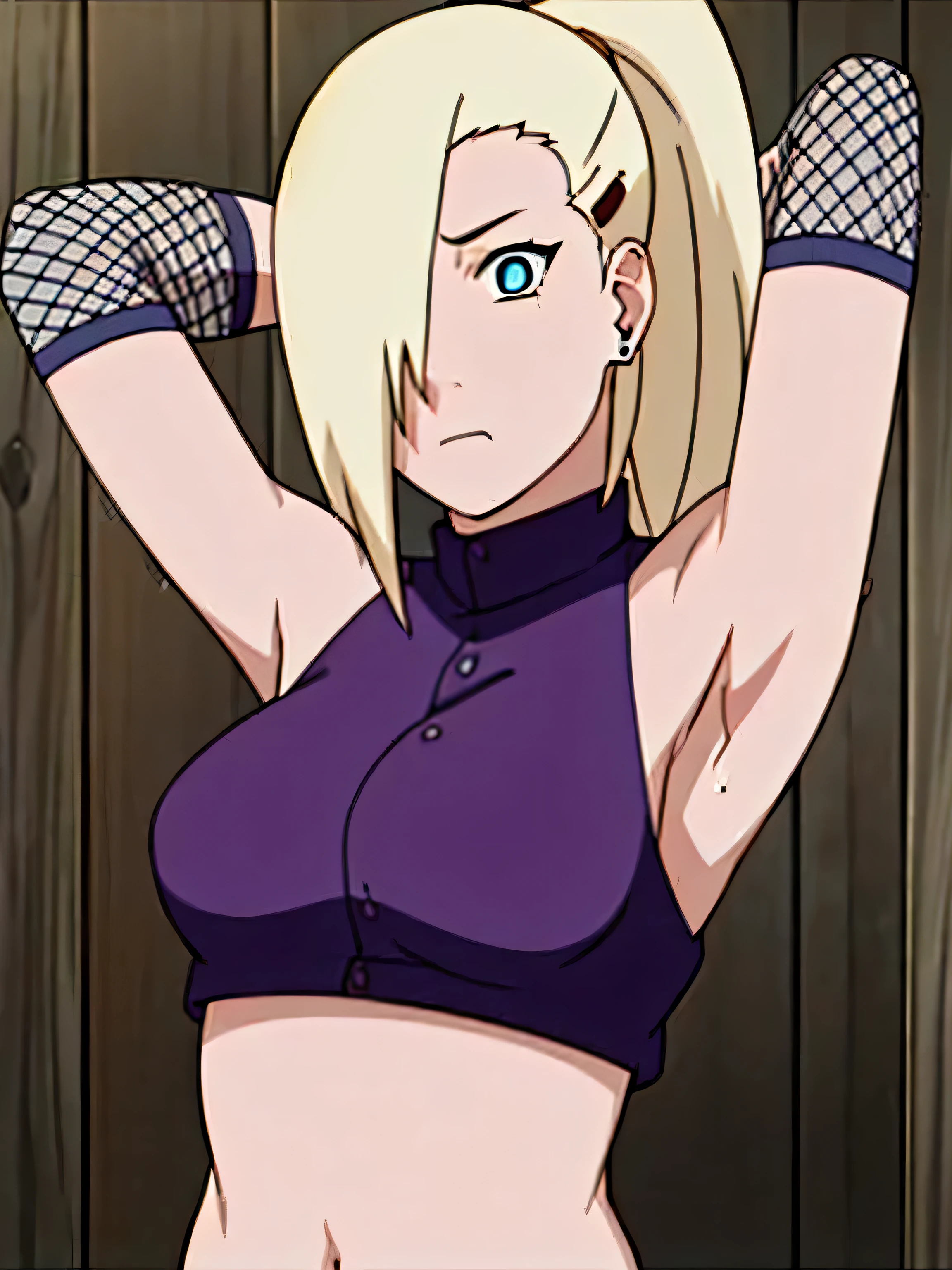 ino yamanaka, ino shippuden, armpits, showing armpits, arms behind head, posing, hair over one eye, high ponytail, blue eyes, masterpiece, solo, 1girl, sleeveless, purple crop top, fishnets, bare shoulders, upper body, looking_at_viewer, both armpits visible