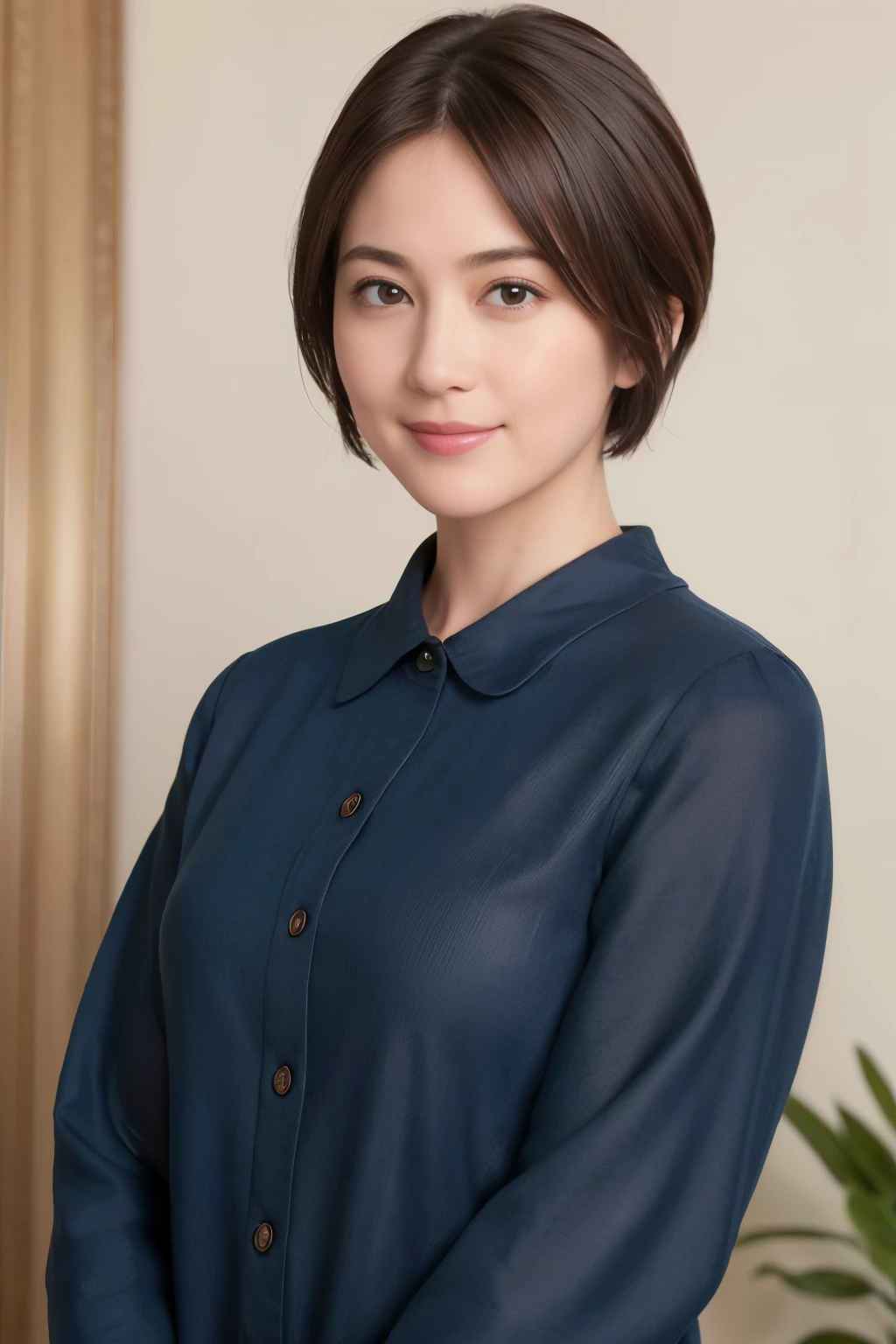 (8K, highest quality, masterpiece:1.2), (realistic, realistic:1.3), Super detailed, ((1 girl)), cute, alone, (smile), (closed mouth), big, beautiful and fine eyes, (short hair: 1.2), bob hair, (Upper body), front, very delicate and beautiful, wonderful, small details, masterpiece, Super detailed, High resolution, best shadows, blue tops, see who's watching