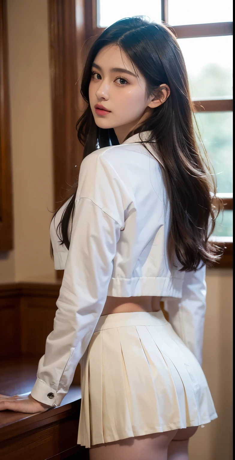 8k, masterpiece, RAW photo, best quality, photorealistic, extremely detailed CG unity 8k wallpaper, Depth of field, Cinematic Light, Lens Flare, Ray tracing, (extremely beautiful face, beautiful lips, beautiful eyes), intricate detail face, ((ultra detailed skin), Photo of Pretty 1 girl, Cute High Girl, open jacket, Black pleated skirt, Perfect face, 18 years old, (Bigboobs), Tall, back lit lighting, (Photorealistic), (Masterpiece),(Hyper Real)(8K),contest winning masterpiece, taken with sony alpha 9, Shot on Sony A 7 III, Shot on Canon EOS R 6, shot on canon eos r 5, Shot on a Canon EOS R5, Masterpiece works of art.
