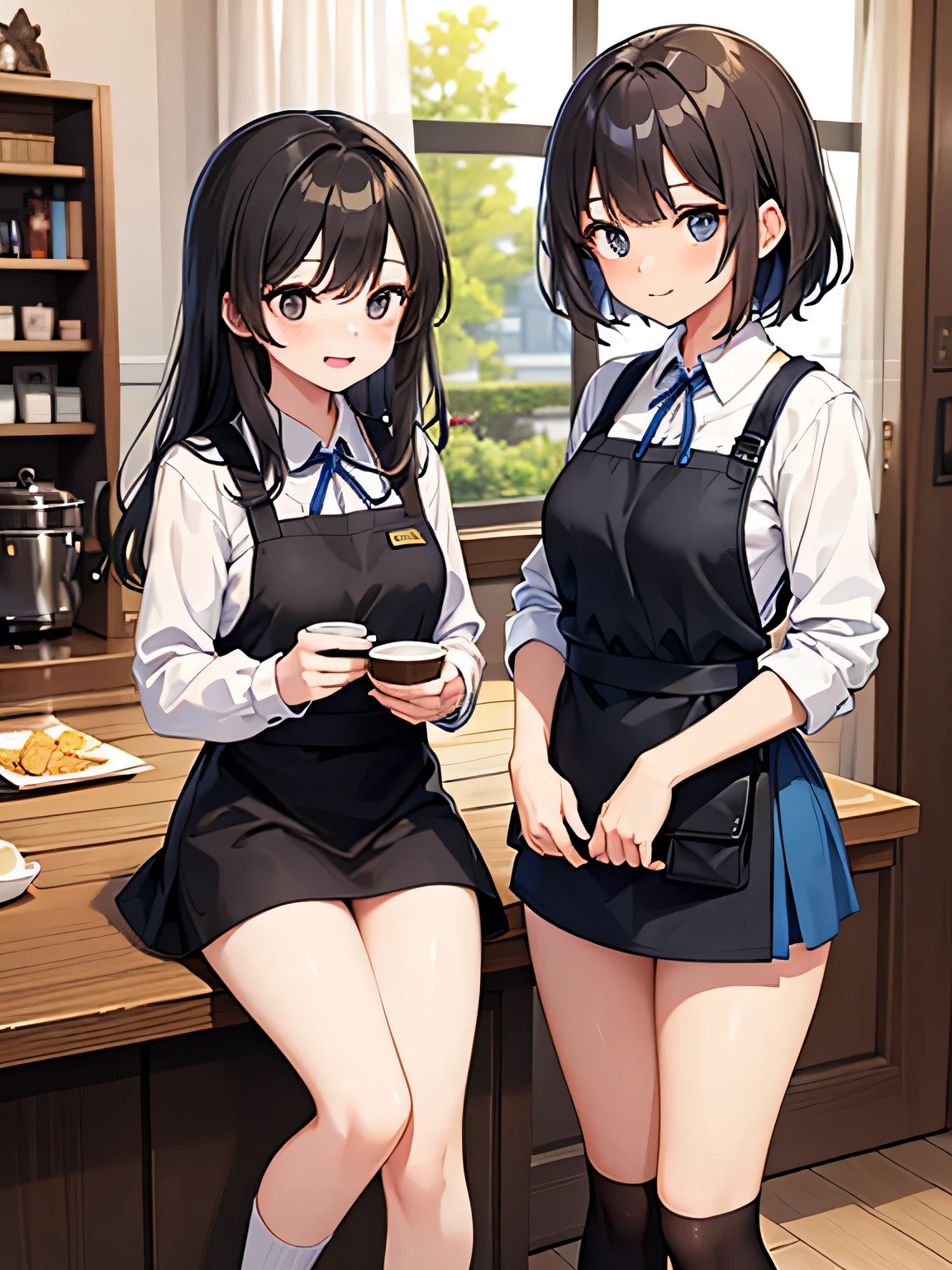 (1) Two women are standing and smiling.
(2) The first woman is a 17-year-old high school student with a childish appearance., short black hair, wearing a white cut shirt, red mini skirt, black socks, and an all black apron.
(3) The second woman is a 22-year-old college student., mature look, with long brown hair, wearing a white cut shirt, blue mini skirt, black socks, and an all black apron.
(4) The location is a nice cafe in the city..