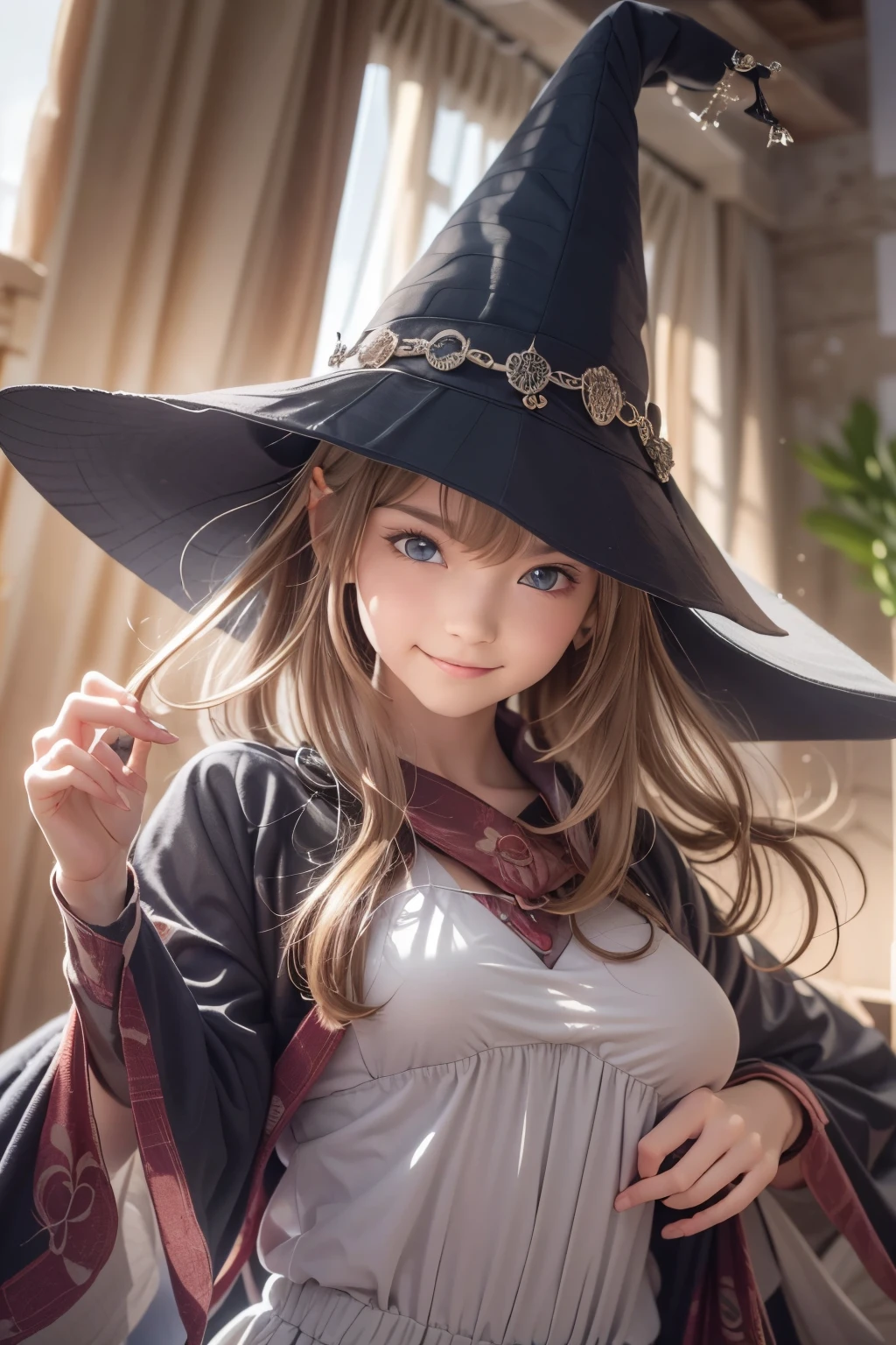 master piece , best quality , woman , wizard hat , bangs , smile , indoor