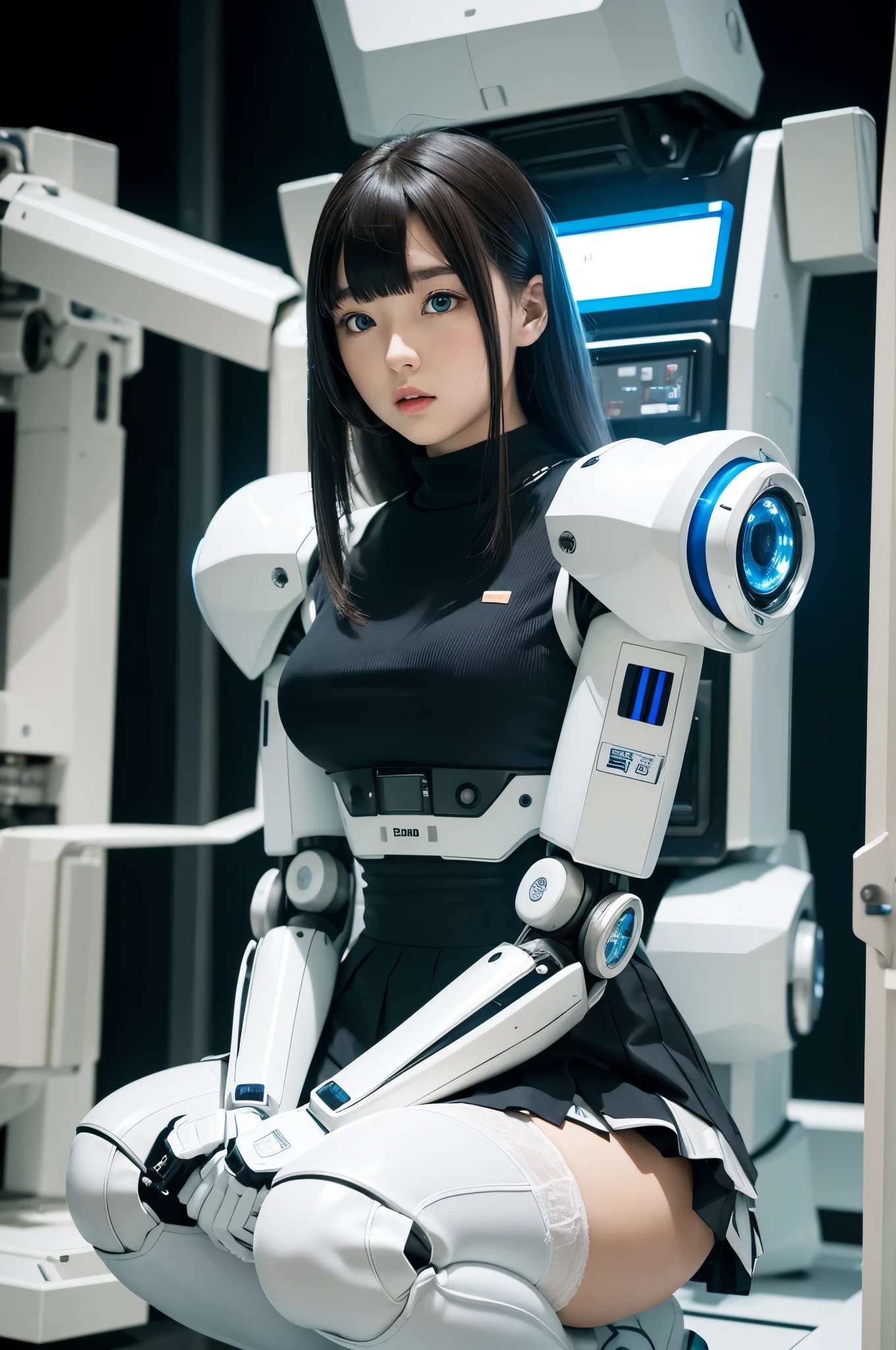 masterpiece, best quality, extremely detailed, Japanese android girl,Plump ,control panels,Squat,Mechanical Hand,Robot arms and legs, white robot body,blunt bangs,skirt,knee high socks,blue eyes