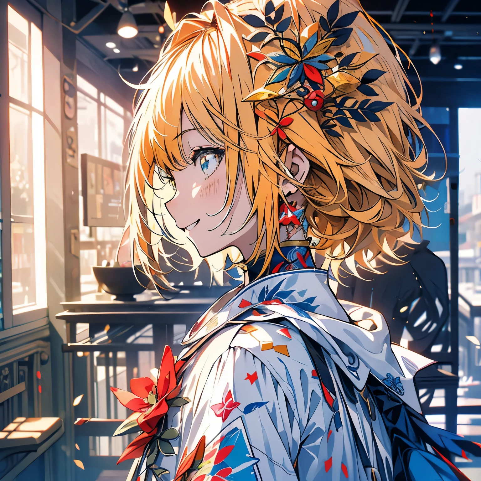 highest quality、masterpiece、anime girl、yellow hair、smile、Upper body、Landscape、((profile))、touch the wall with your hand
