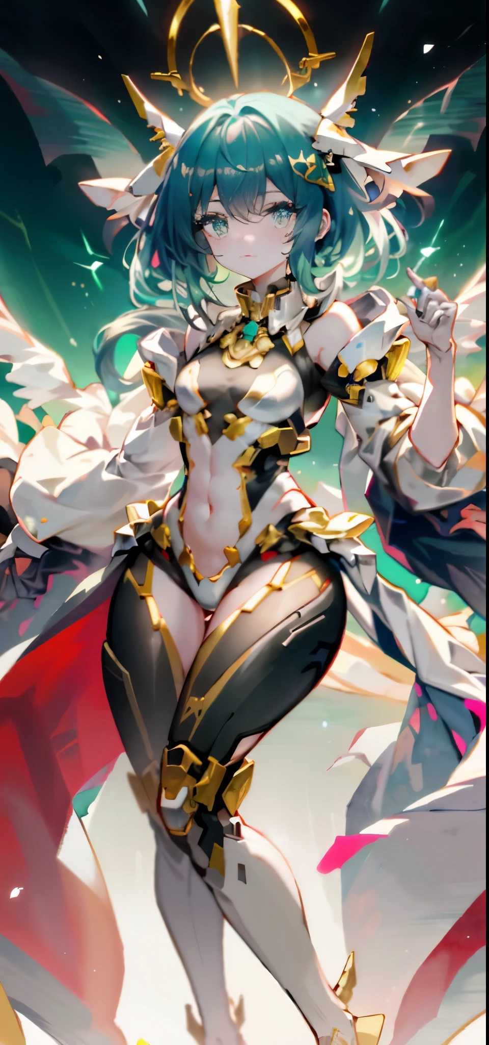 Anime star magic girl, magic , anime goddess, Wear a tailored dress, (((looking at camera)), There is a halo floating above the head, wings spread, facial details, Halo and wings detail, detailed art, pastel colors, Natural light, View from the front, ultra high definition, Very detailed, center, watercolor，small breasts，open navel，Showing thighs，camel toe，whole body，White background